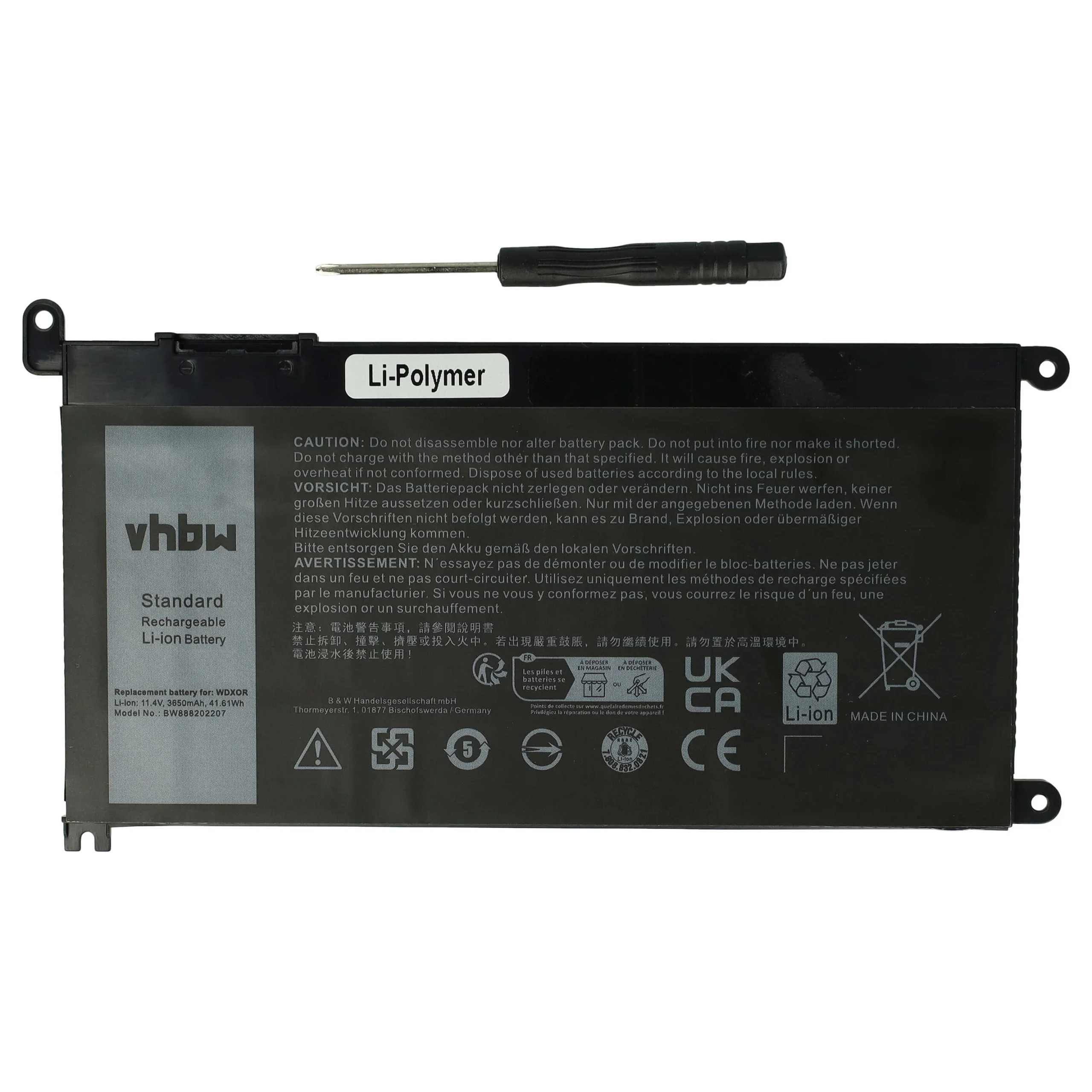 Batterie remplace Dell 1VX1H, 17368-0027, 0WDX0R pour ordinateur portable Dell- 3650mAh 11,4V Li-polymère