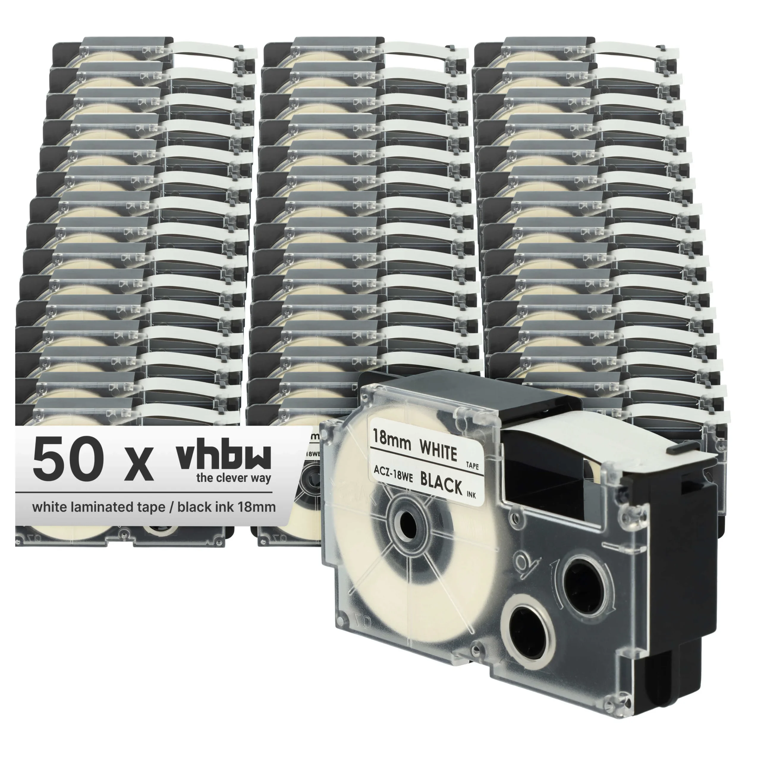 50x Cassettes à ruban remplacent Casio XR-18WE, XR-18WE1 - 18mm lettrage Noir ruban Blanc, plastique