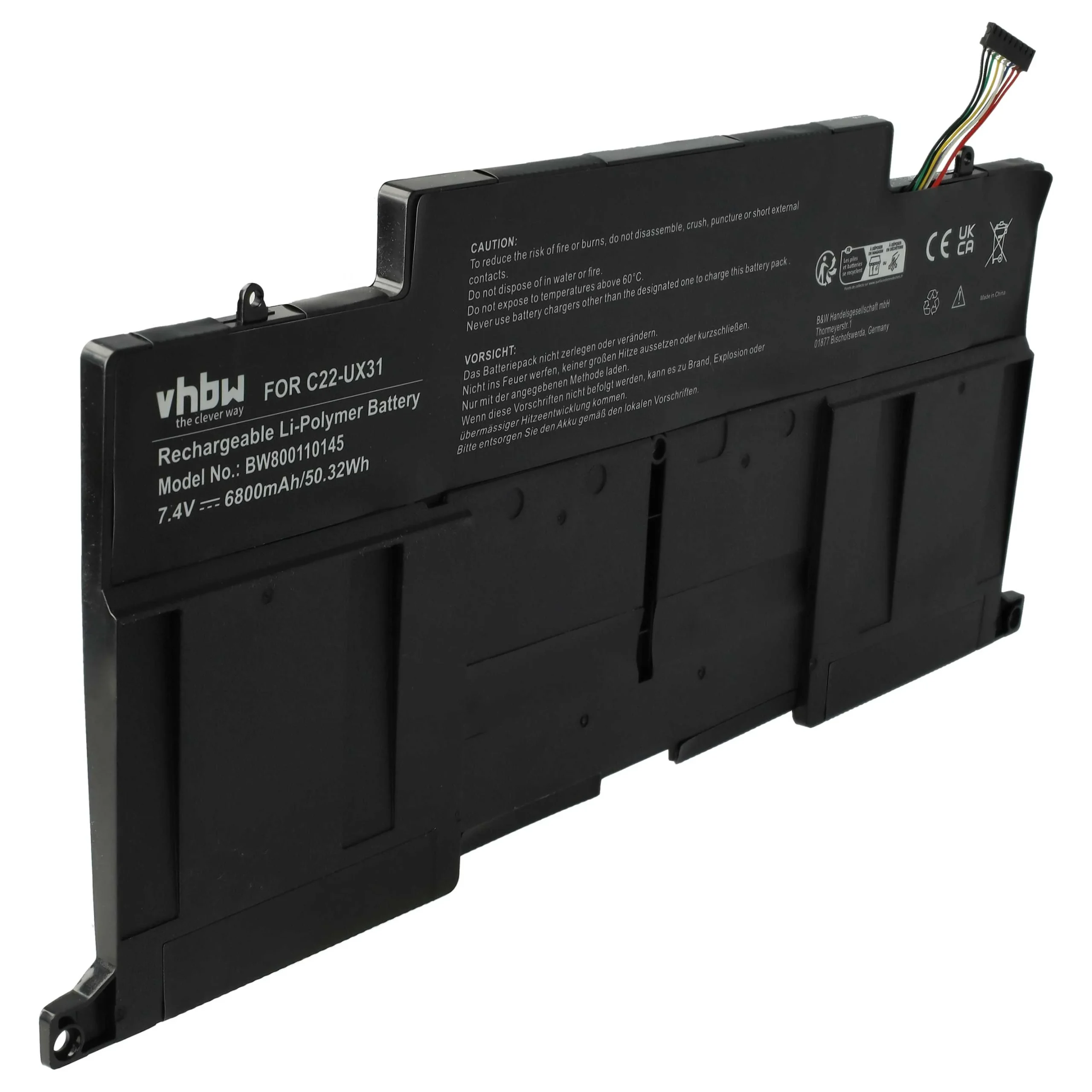 Batterie remplace Asus C22-UX31 pour ordinateur portable Asus- 6800mAh 7,4V Li-polymère, noir