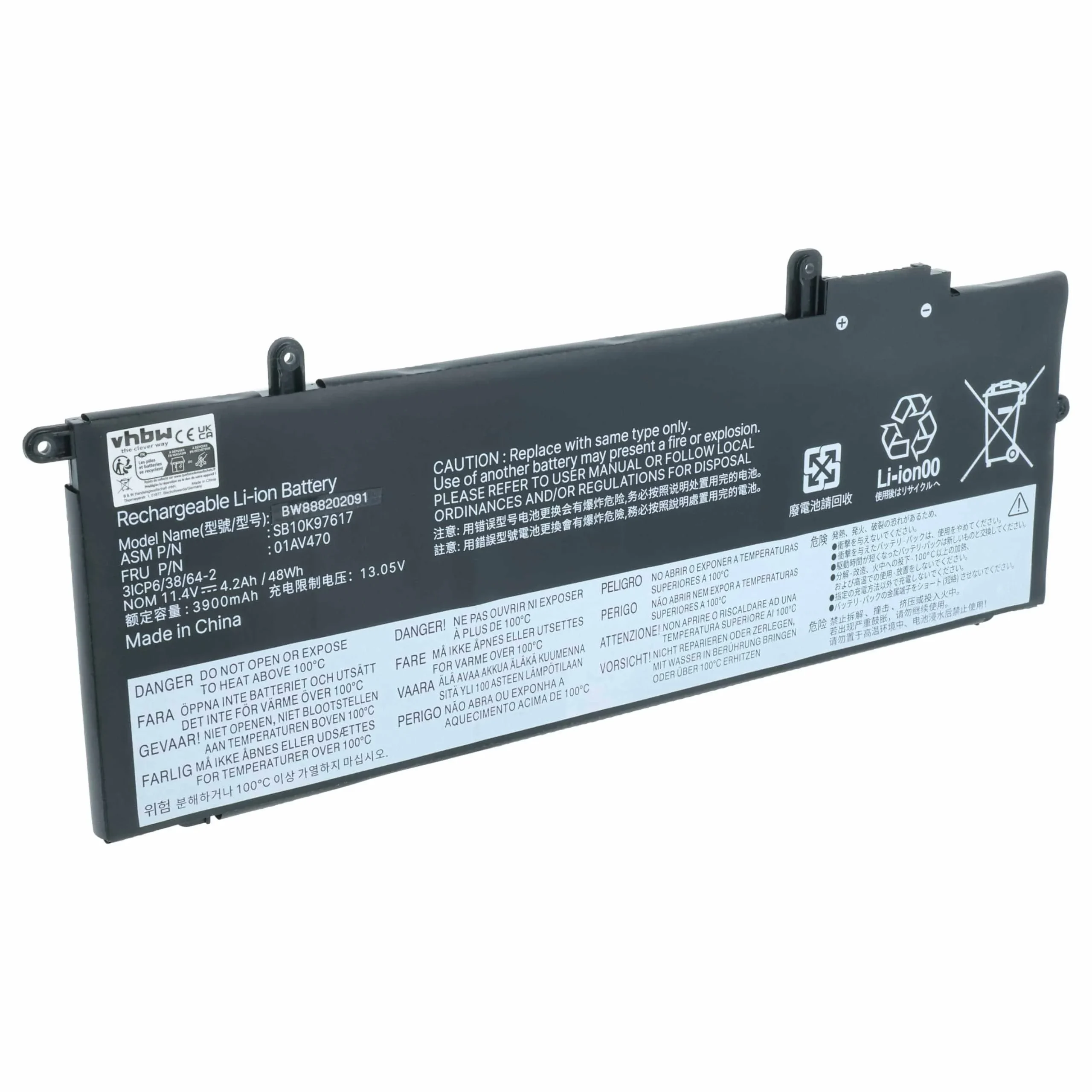 Batterie remplace Lenovo 01AV431, 01AV470 pour ordinateur portable Lenovo- 4050mAh 11,46V Li-polymère, noir