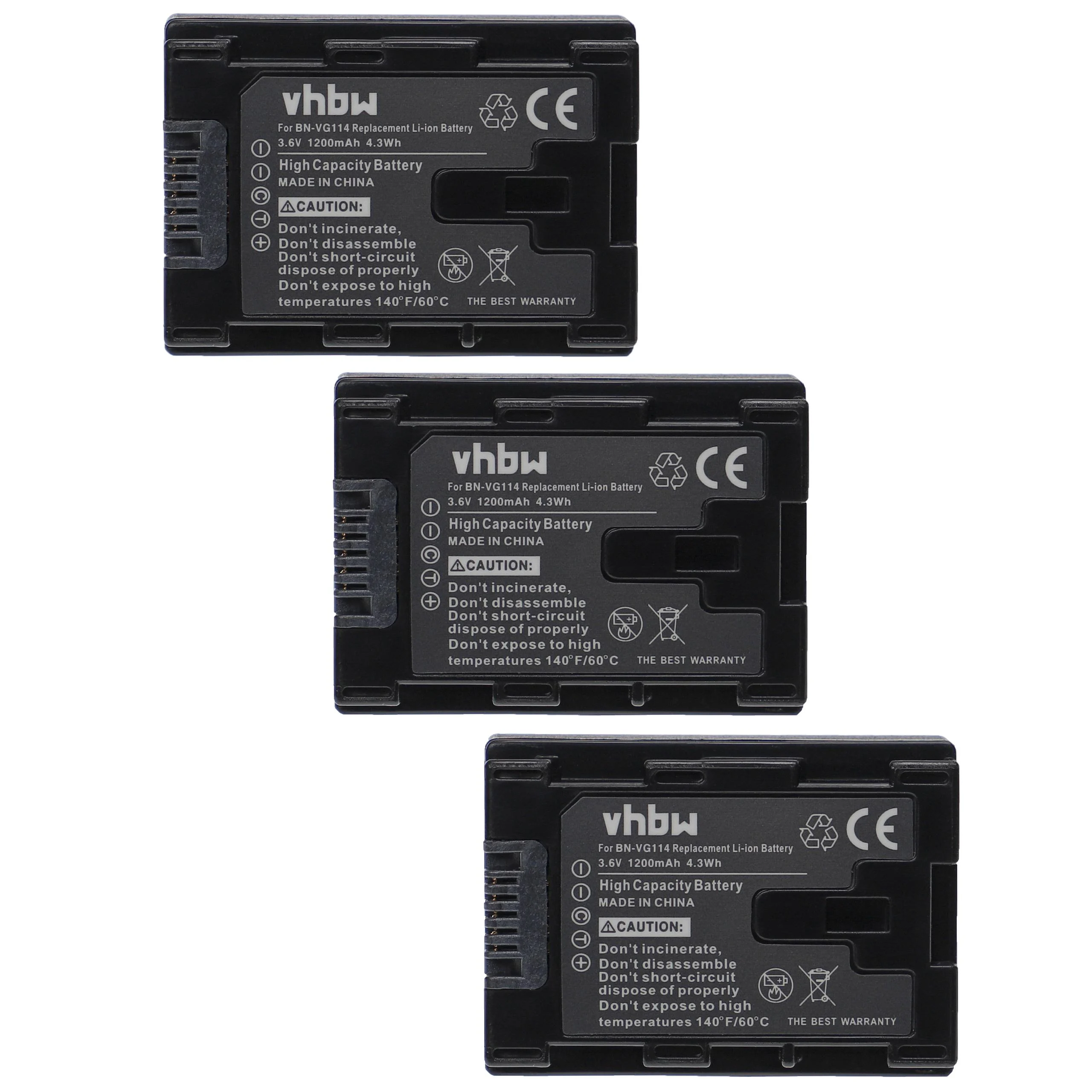 3x Batteries remplace JVC BN-VG114, BN-VG114E, BN-VG114AC pour caméscope JVC- 1200mAh 3,6V Li-ion avec puce