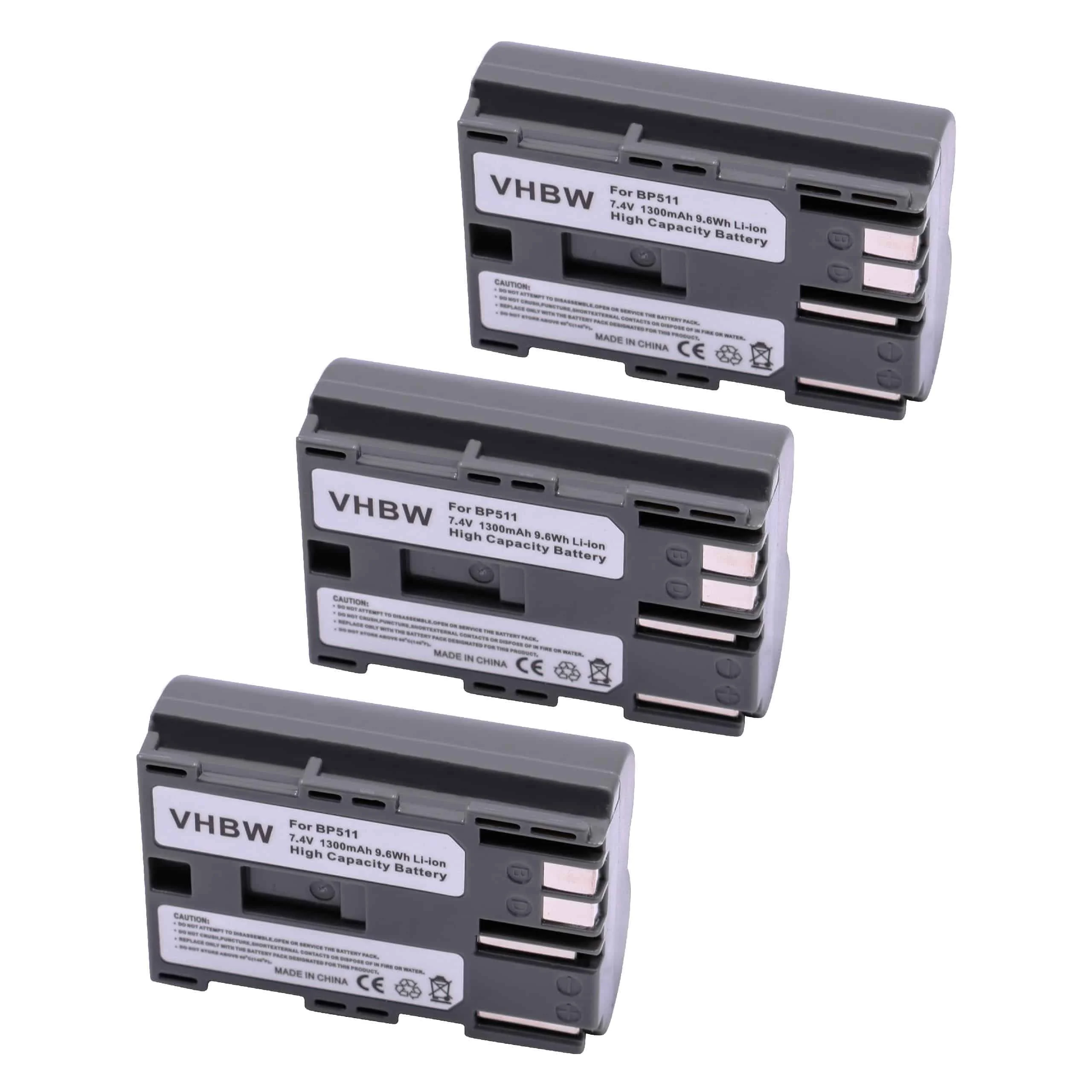 3x Batteries remplace Canon BP-508, BP-511A, BP-511, BP-512 pour appareil photo Canon- 1300mAh 7,2V Li-ion