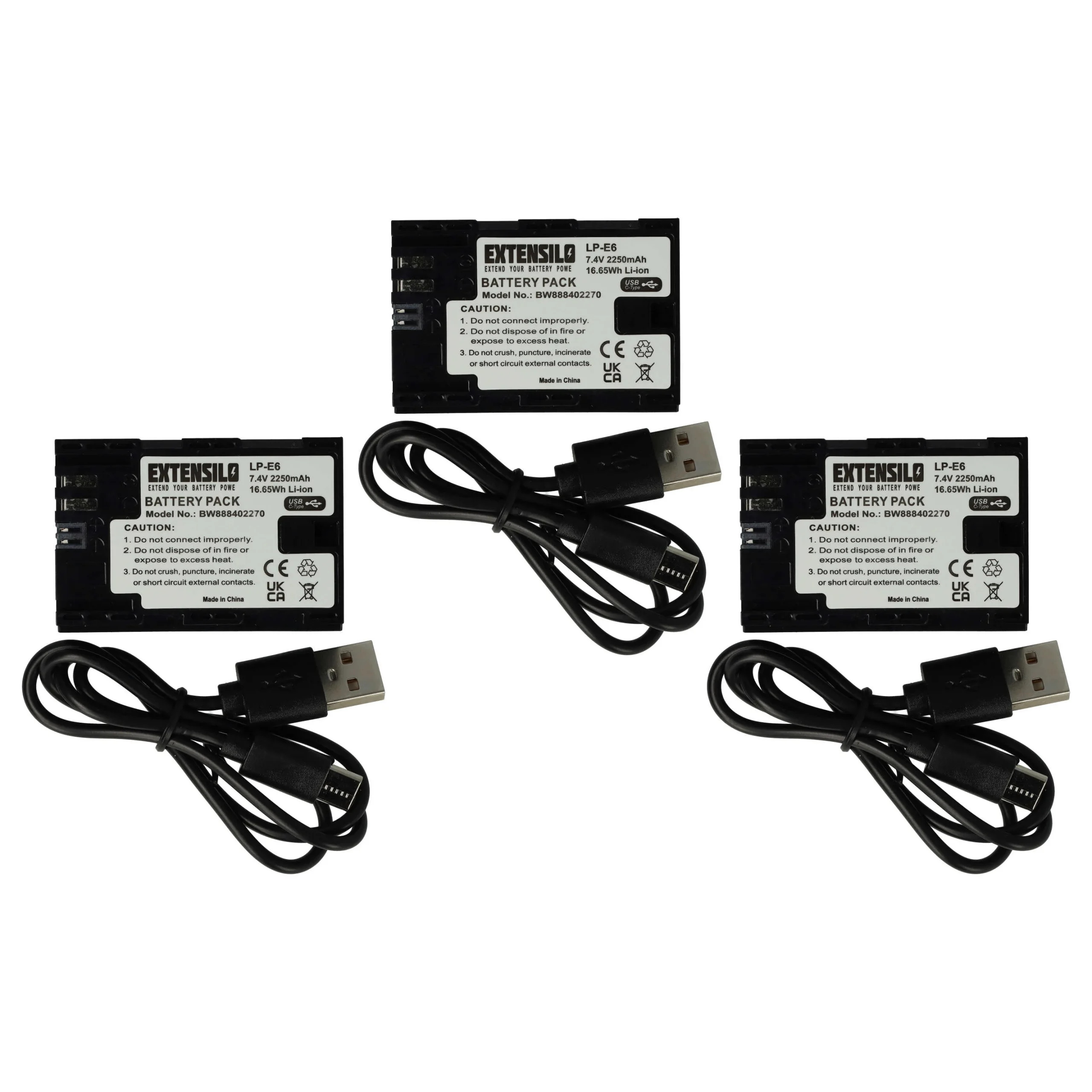 3x Batteries remplace Canon LP-E6 pour appareil photo Blackmagic- 2250mAh 7,4V Li-ion - USB-C