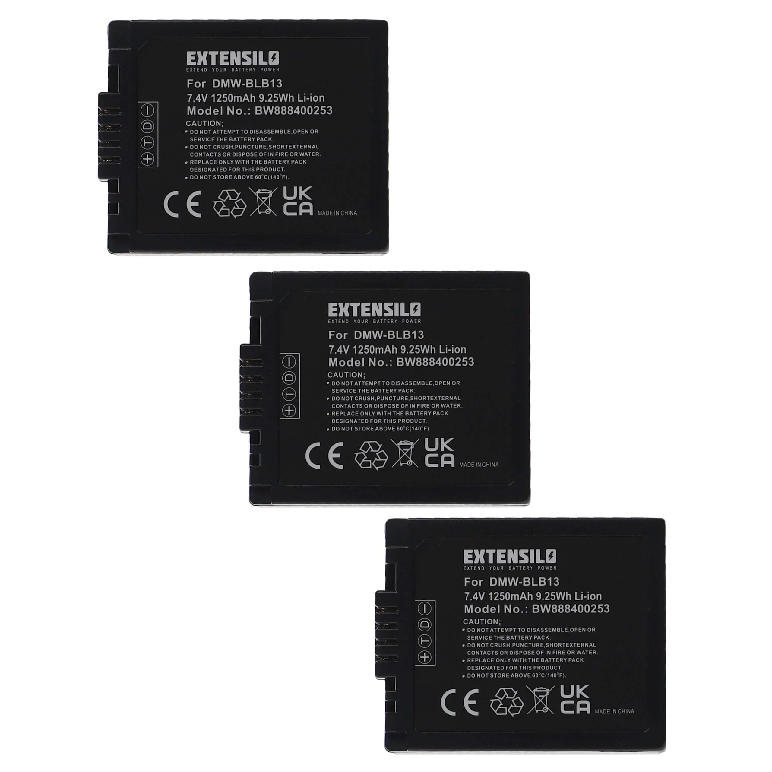 3x Batteries remplace Panasonic DMW-BLB13, DMW-BLB13E pour appareil photo Panasonic- 1250mAh 7,4V Li-ion