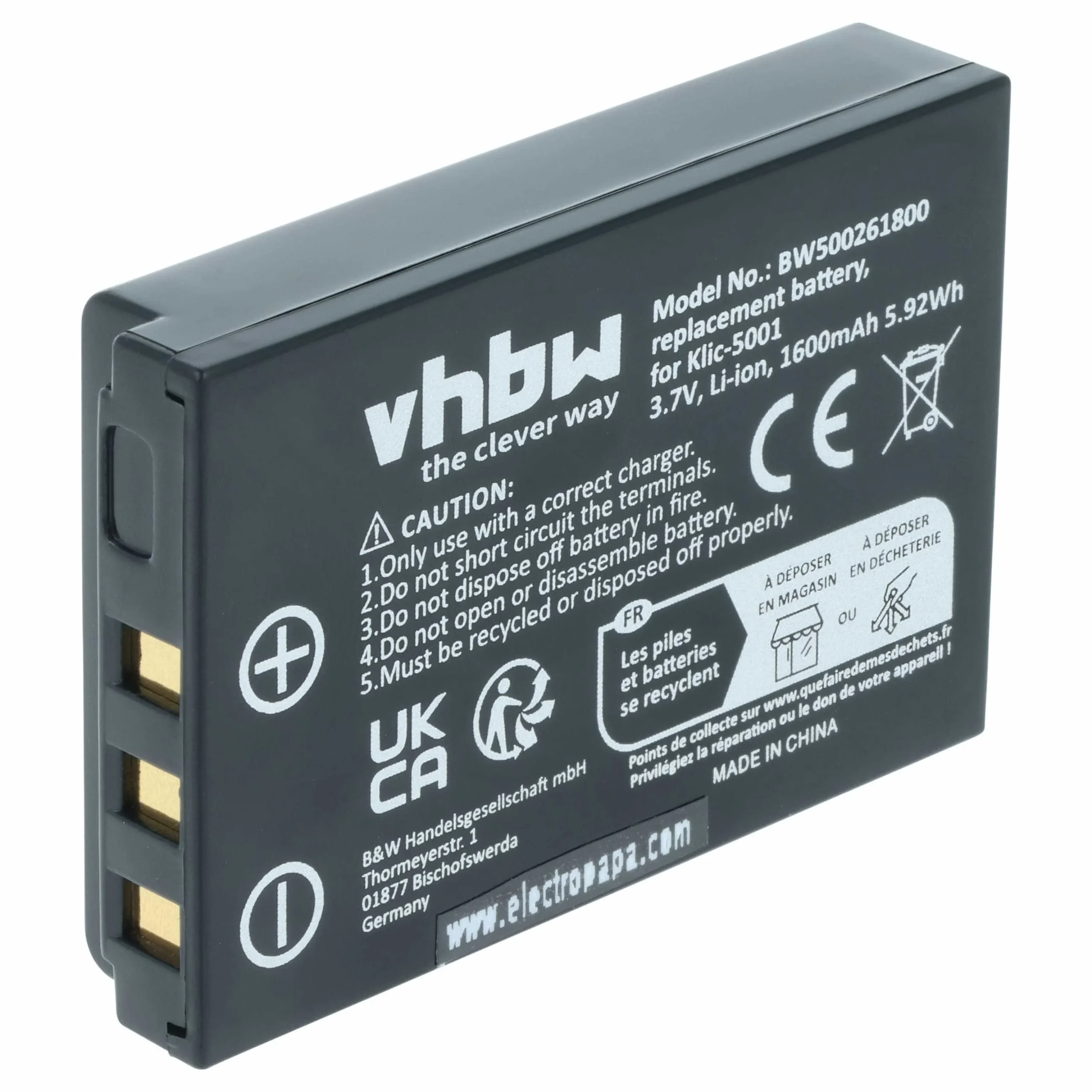 Batterie remplace Kodak Klic-5001 pour appareil photo Kodak- 1600mAh 3,6V Li-ion
