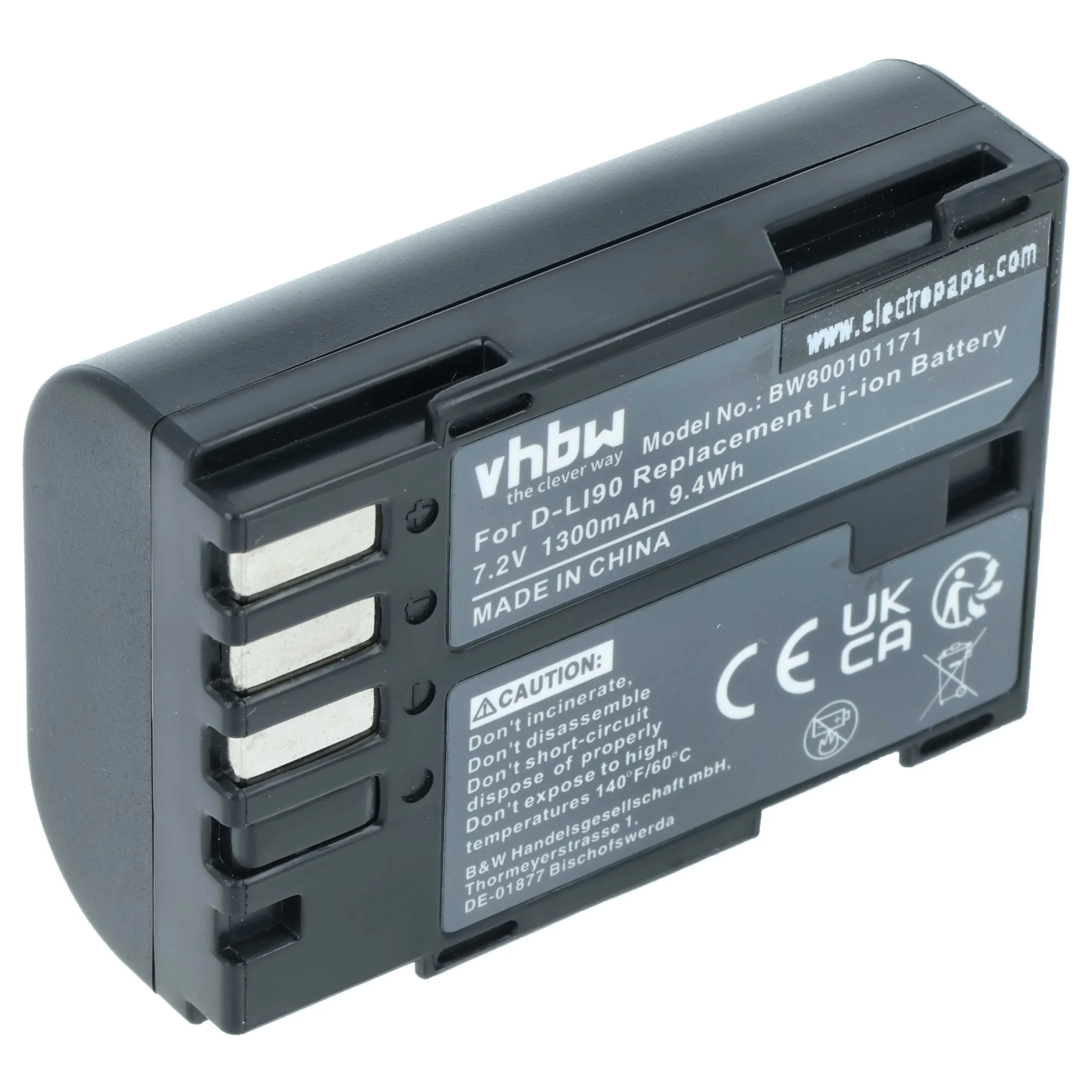 Batterie remplace Pentax D-Li90 pour appareil photo Pentax- 1300mAh 7,2V Li-ion
