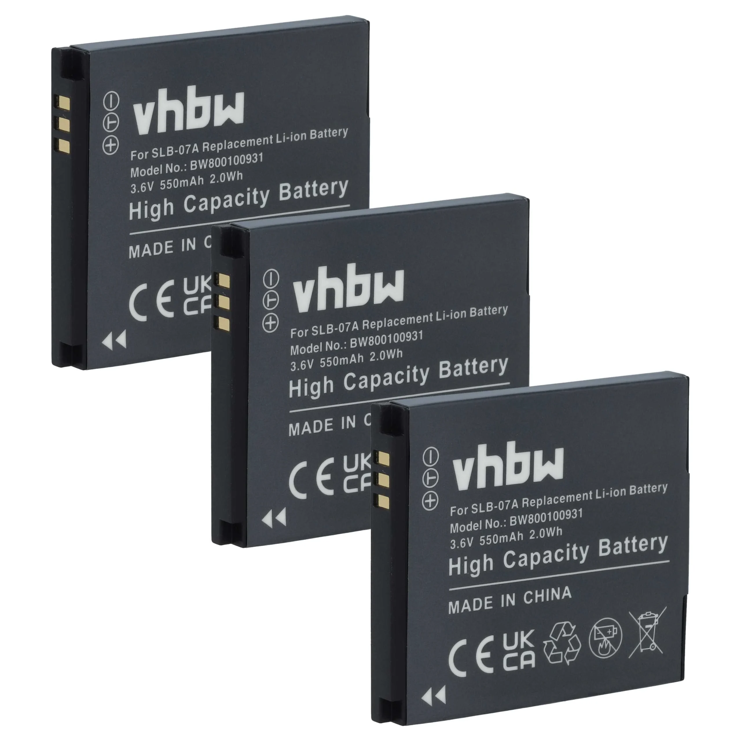 3x Batteries remplace Samsung SLB-07A, SLB-07B pour appareil photo Samsung- 550mAh 3,6V Li-ion