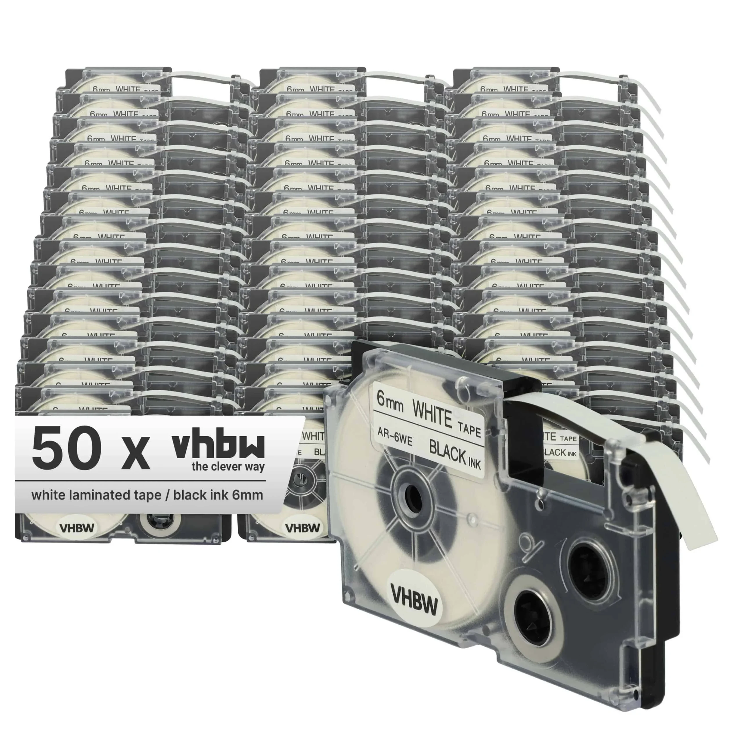 50x Cassettes à ruban remplacent Casio XR-6WE1, XR-6WE - 6mm lettrage Noir ruban Blanc, plastique