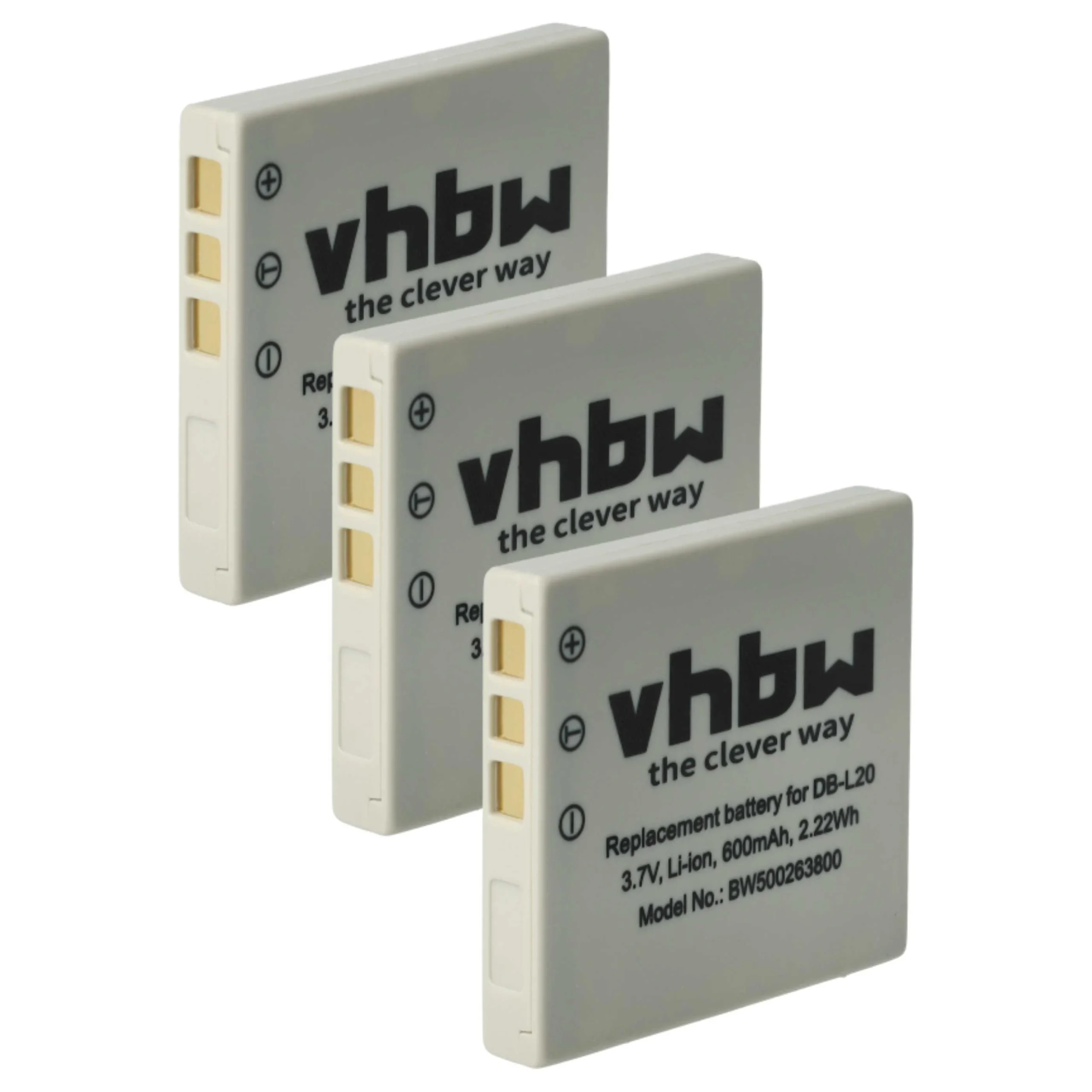 3x Batteries remplace Sanyo DB-L20A, DB-L20, DB-L20AEX pour appareil photo Sanyo- 600mAh 3,7V Li-ion