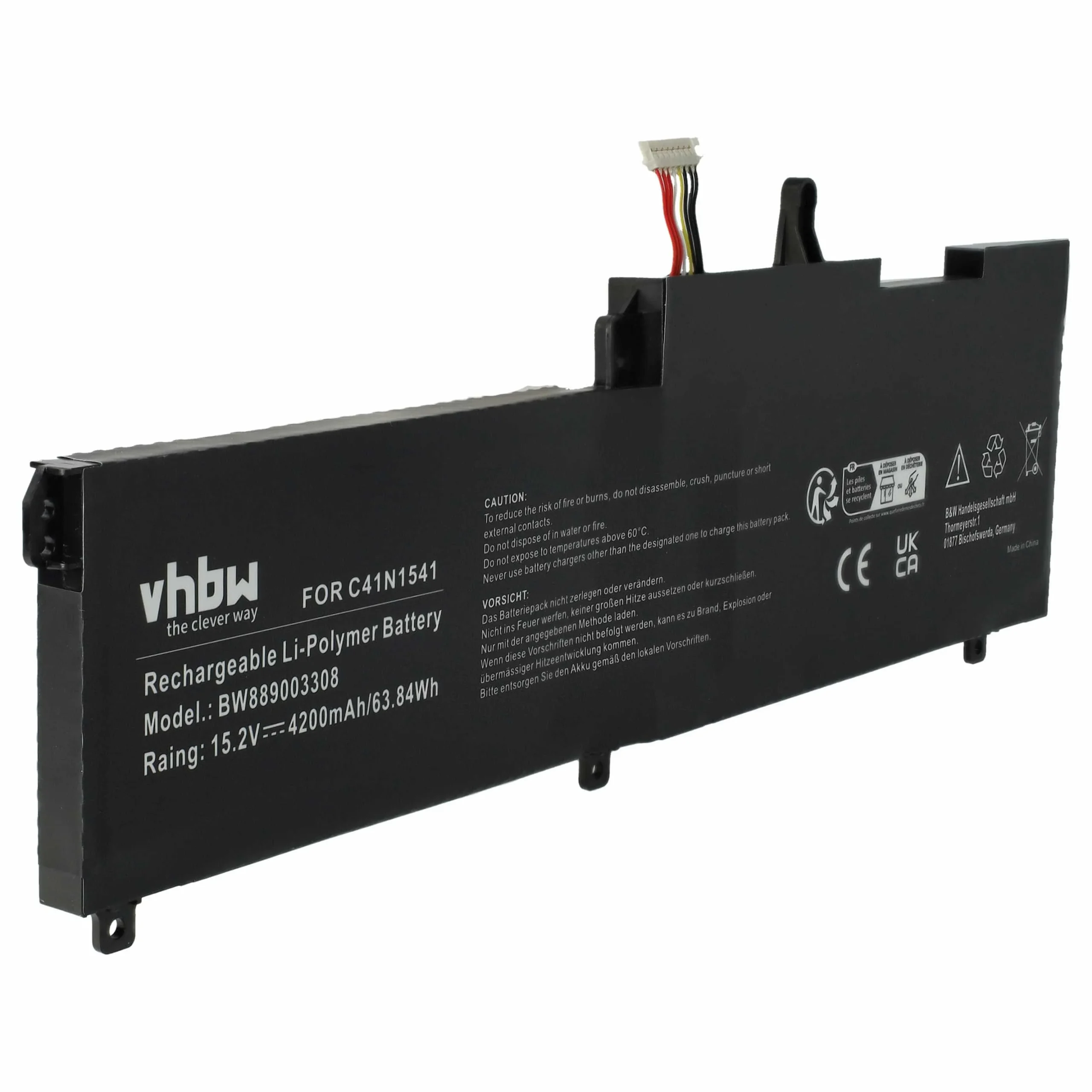 Batterie remplace C41N1541, 0B200-02070000 pour ordinateur portable Asus- 4200mAh 15,2V Li-polymère, noir