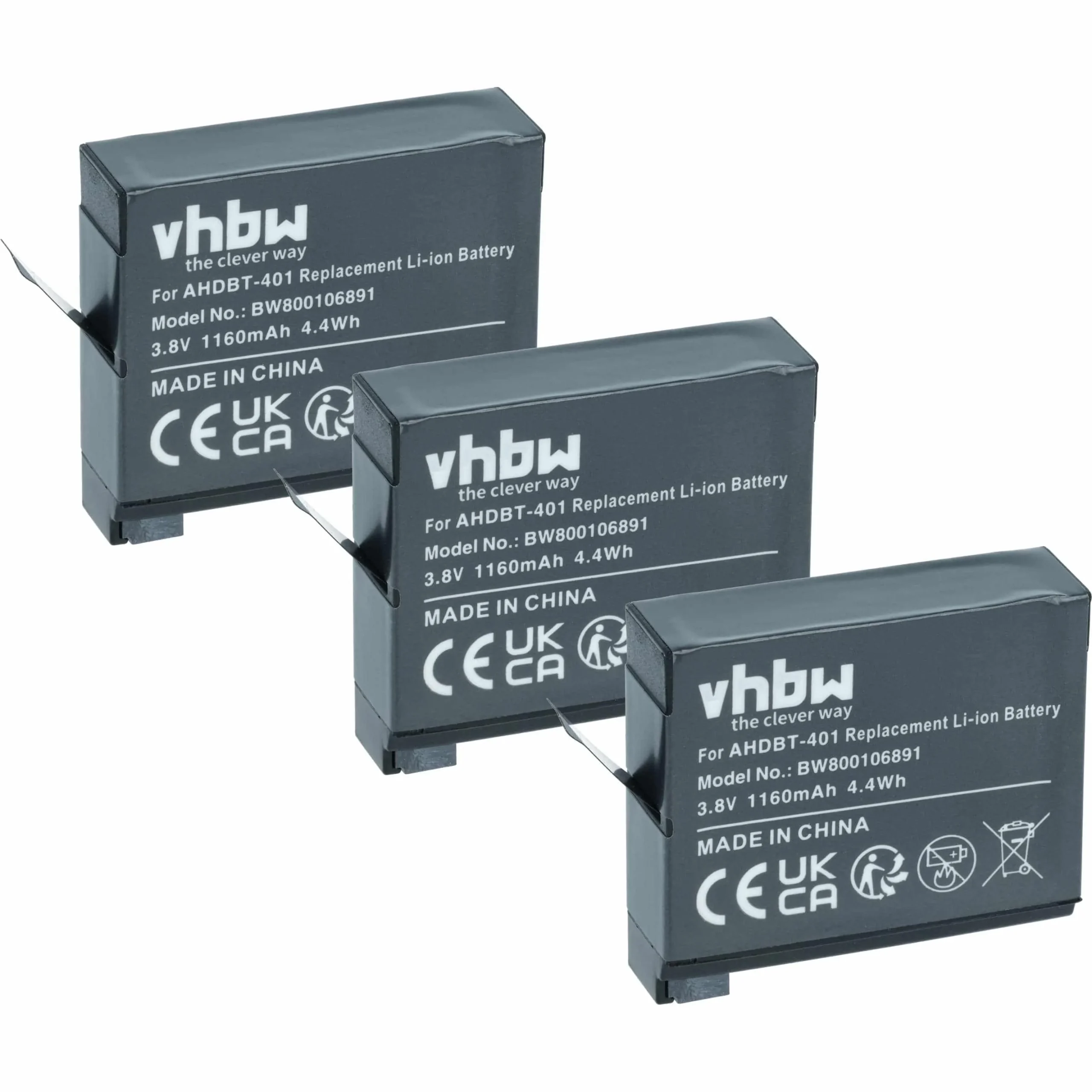 3x Batteries remplace GoPro AHDBT-401, 335-06532-000 pour caméscope GoPro- 1160mAh 3,7V Li-ion