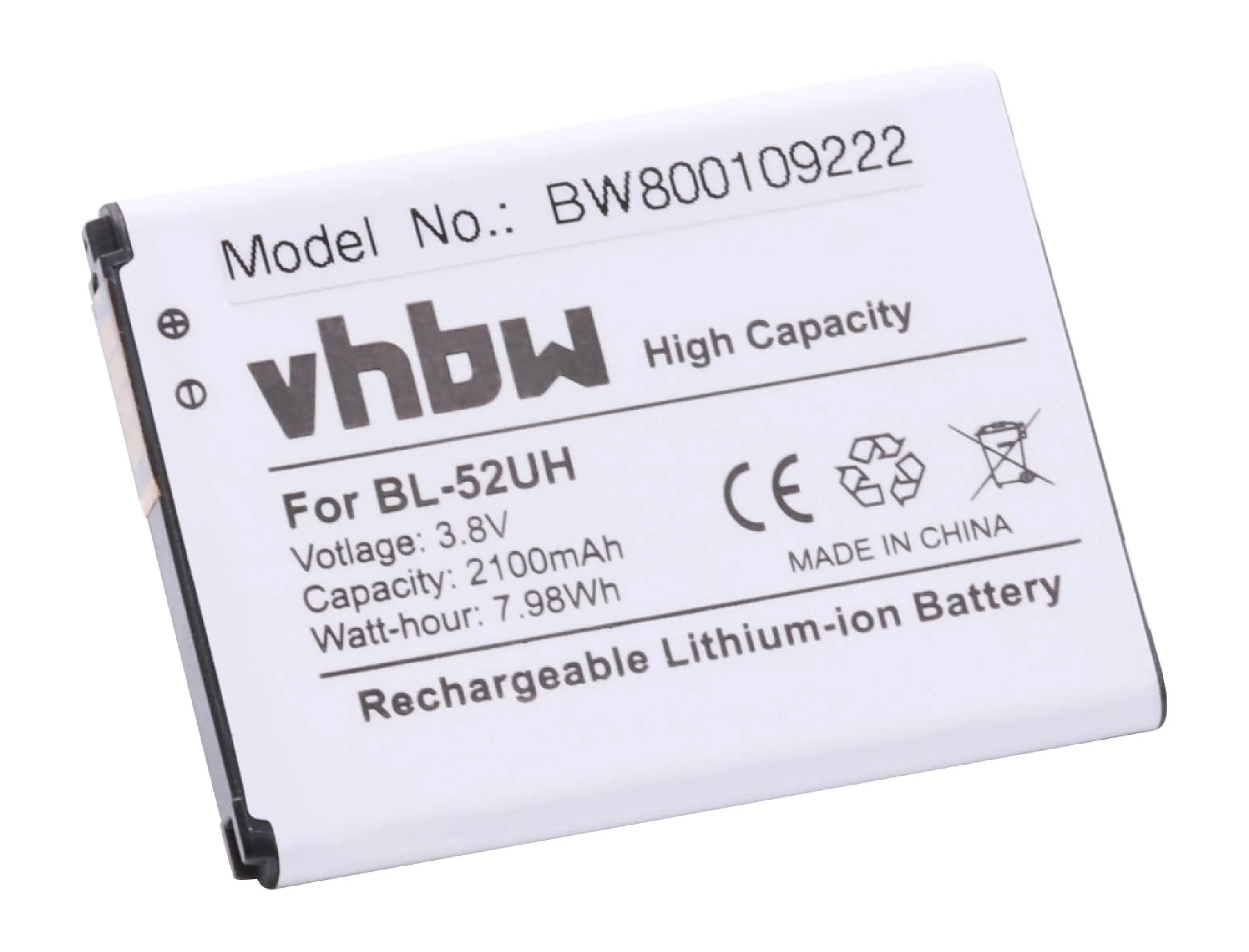 Batterie remplace BL-52UH téléphone portable LG - 2100mAh 3,8V Li-ion