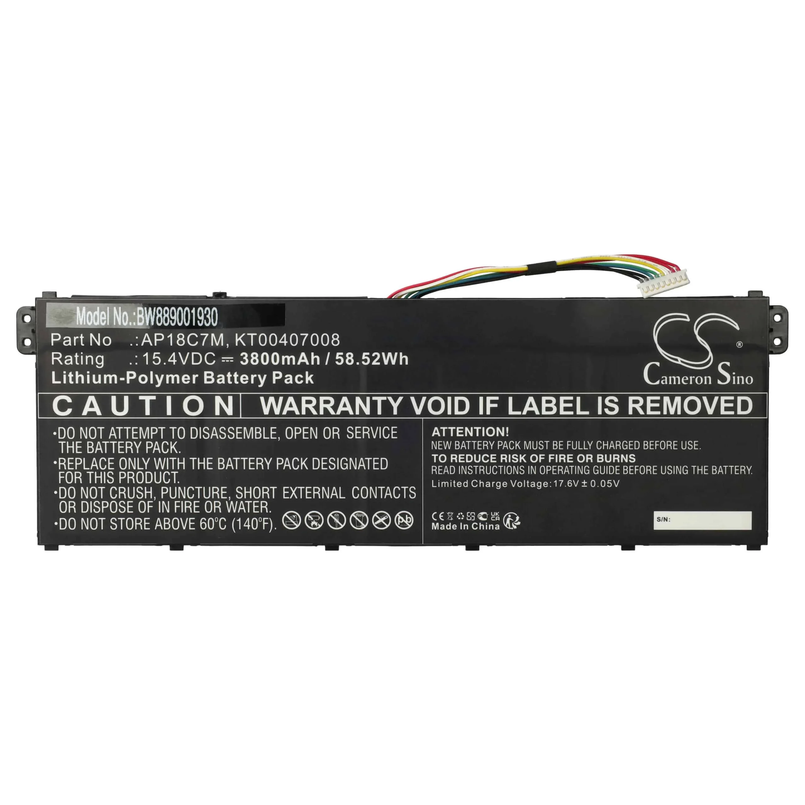 Batterie remplace Acer KT00407008, AP18C7M pour ordinateur portable Acer- 3800mAh 15,4V Li-polymère, noir