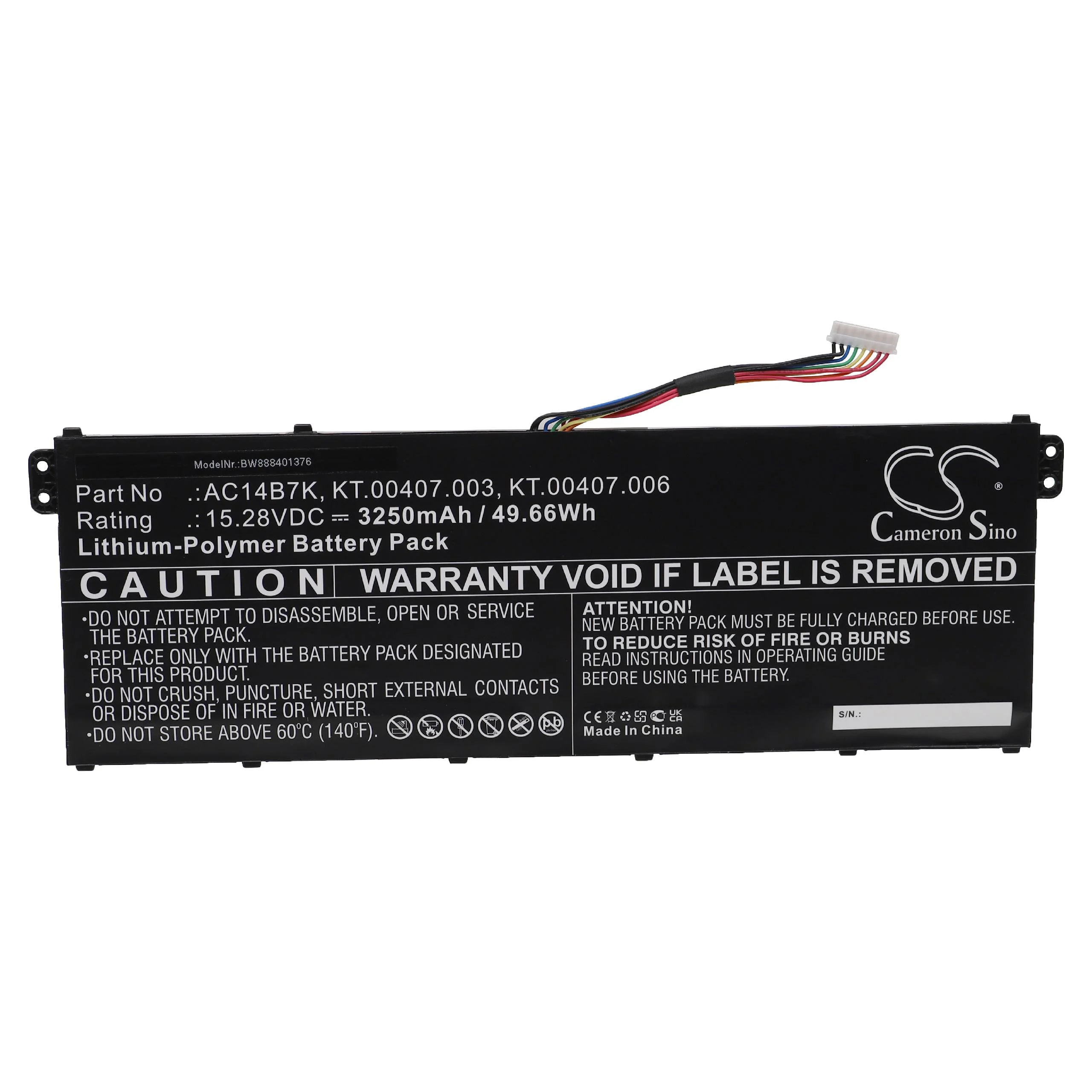 Batterie remplace Acer AC14B7K, KT.00407.003 pour ordinateur portable Acer- 3250mAh 15,28V Li-polymère