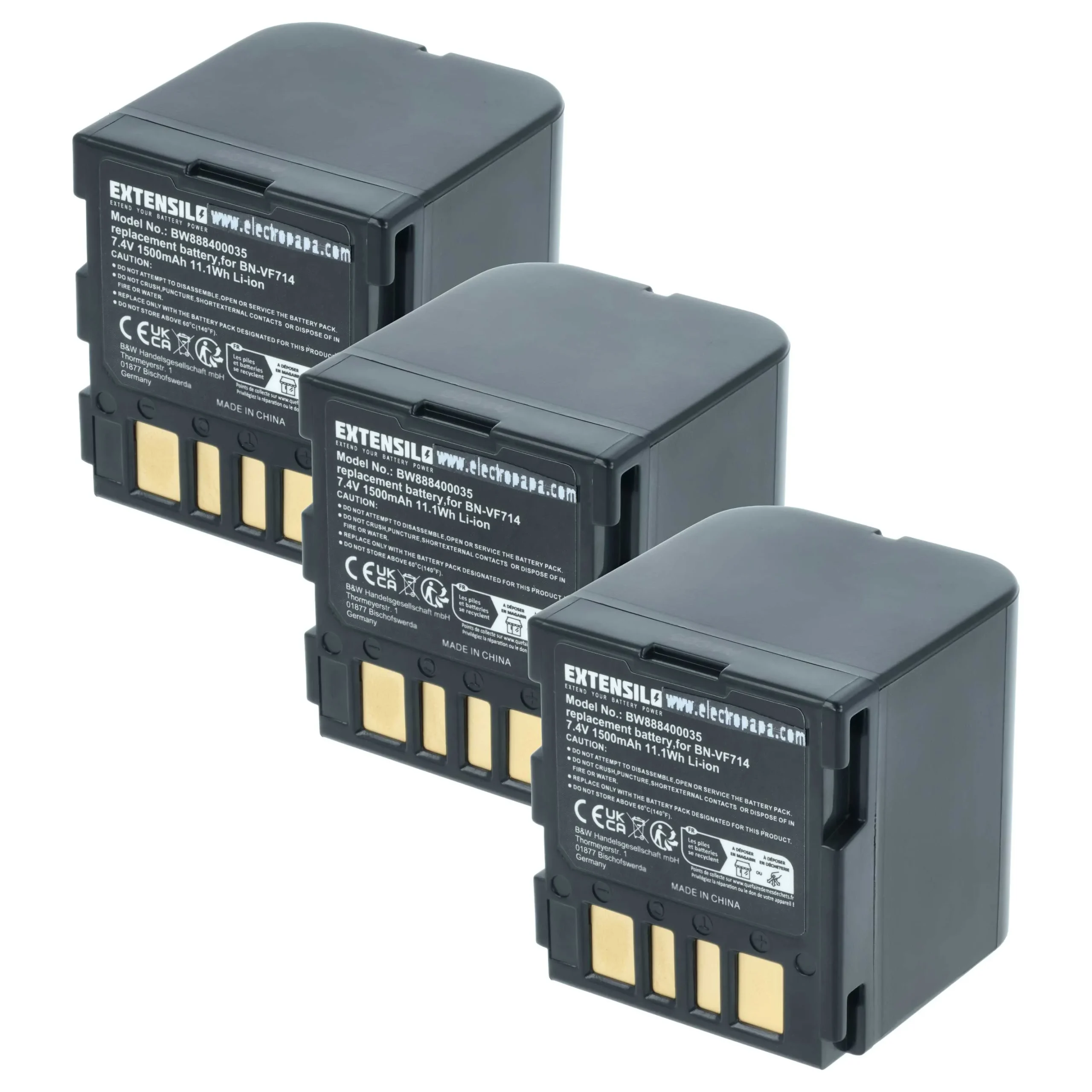 3x Batteries remplace JVC BN-VF707U, BN-VF714, BN-VF707 pour appareil photo JVC- 1500mAh 7,4V Li-ion