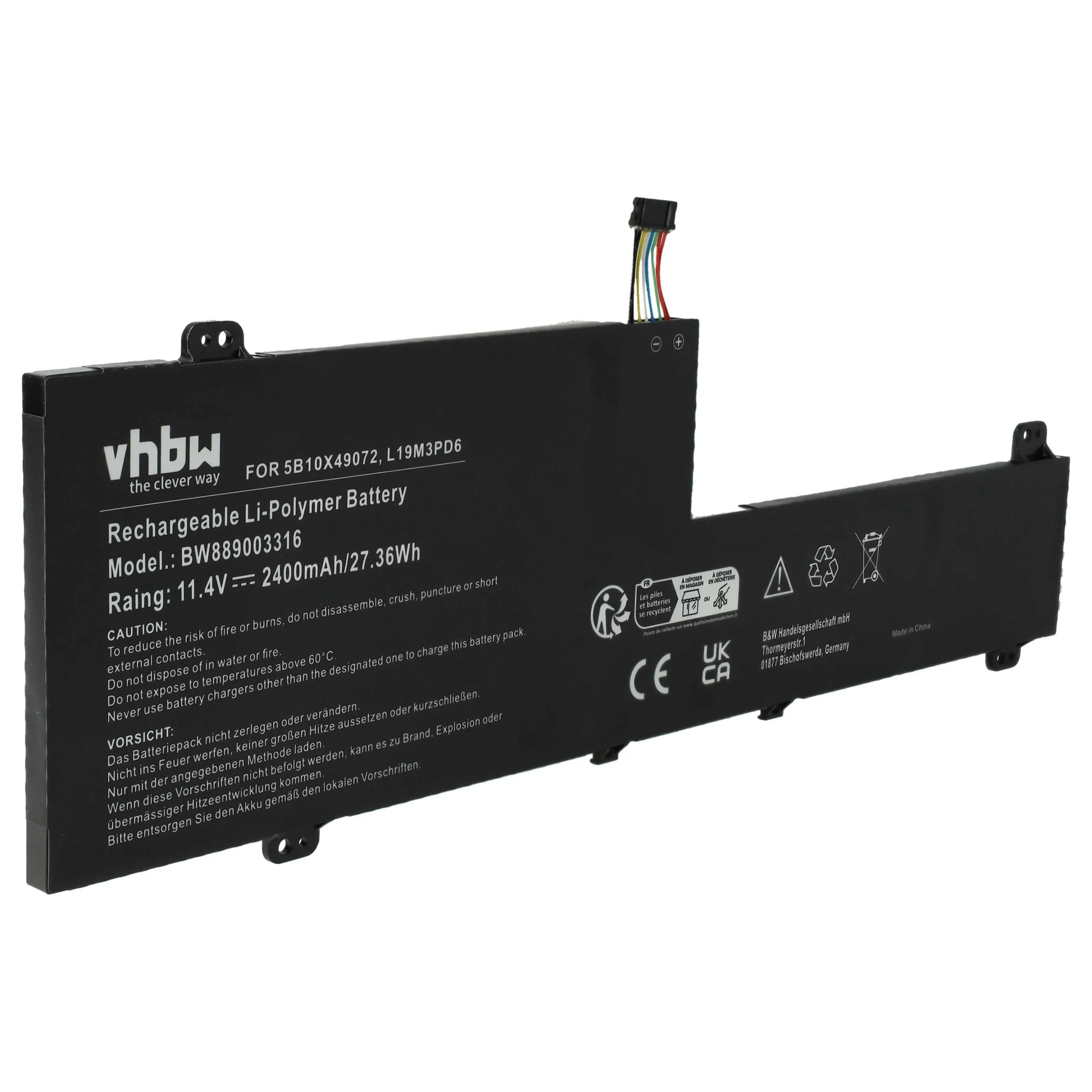Batterie remplace Lenovo L19C3PD6, 5B10X49072 pour ordinateur portable Lenovo- 2400mAh 11,4V Li-polymère