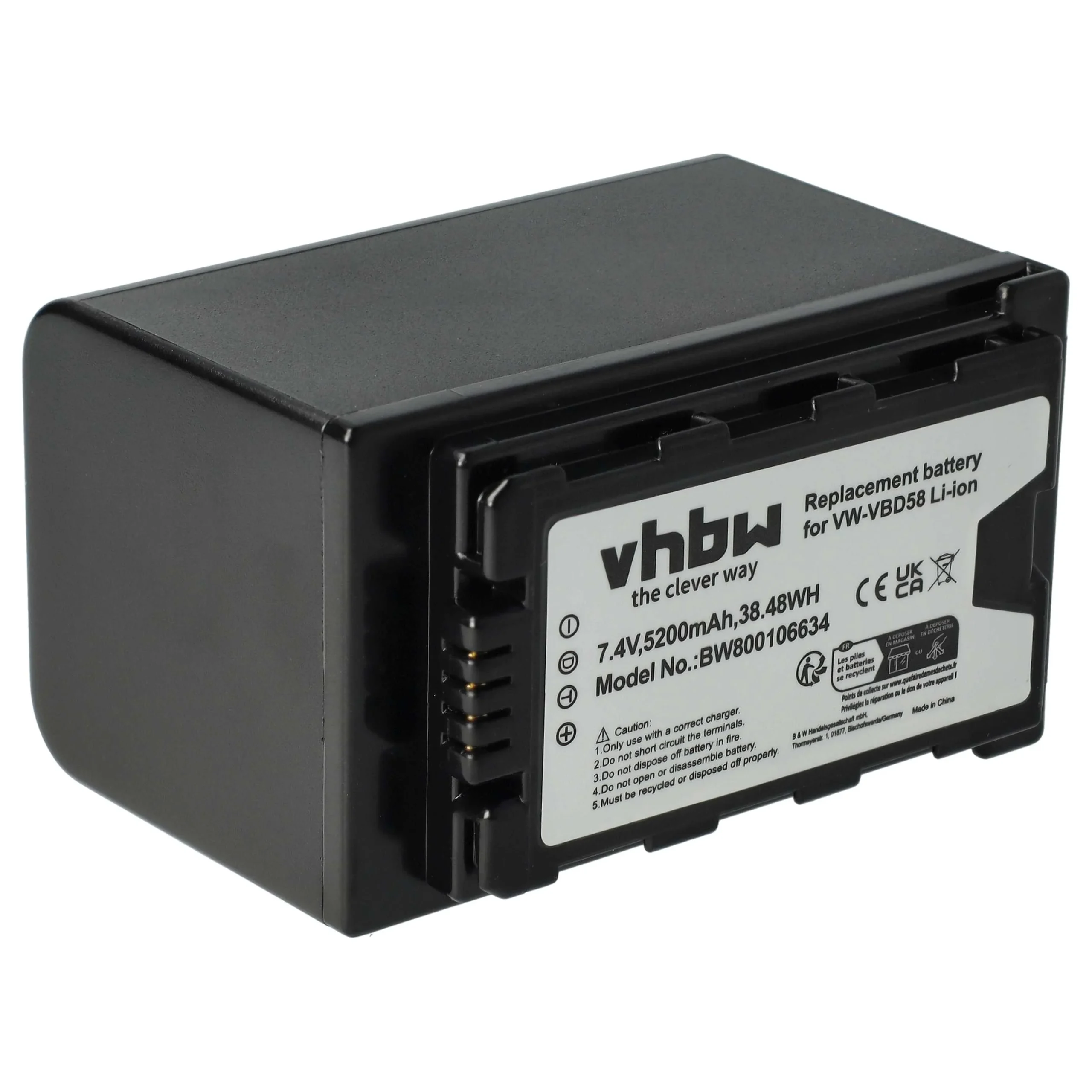 Batterie remplace Panasonic VW-VBD58 pour caméscope Panasonic- 5200mAh 7,4V Li-ion avec puce