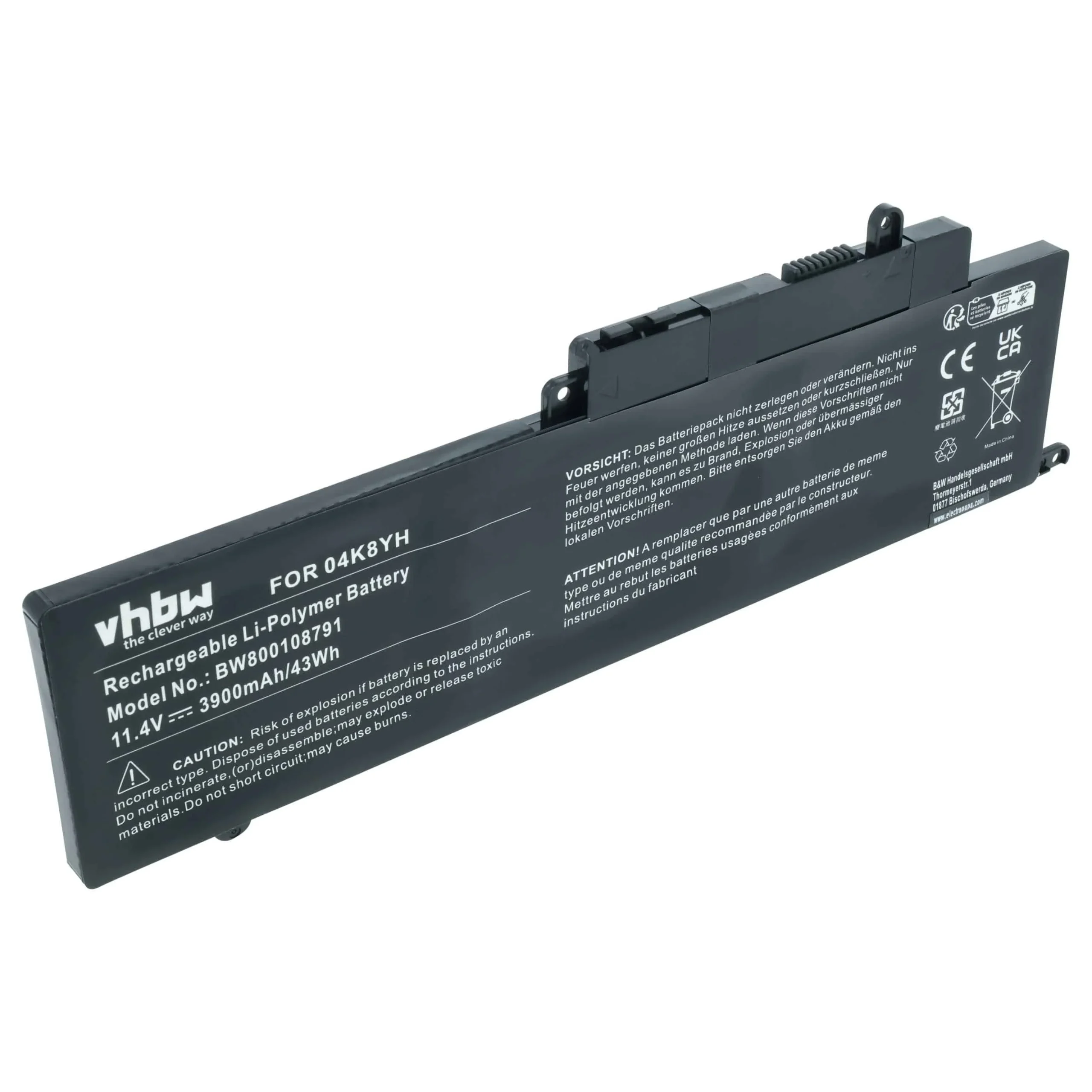 Batterie remplace Dell 04K8YH, 0WF28, 092NCT, 0GK5KY pour ordinateur portable Dell- 3900mAh 11,1V Li-ion, noir