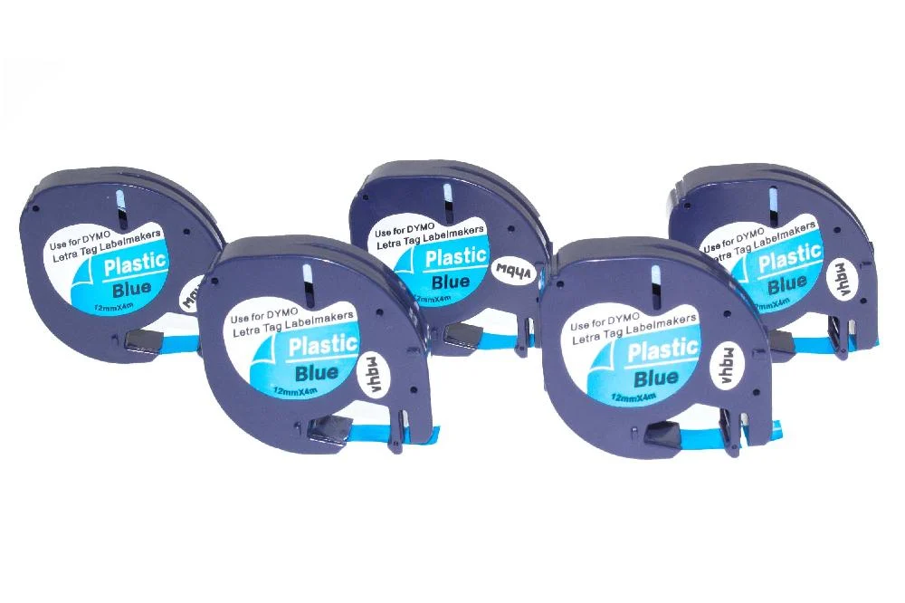 5x Cassettes à ruban remplacent Dymo 91205 - 12mm lettrage Noir ruban Bleu, plastique
