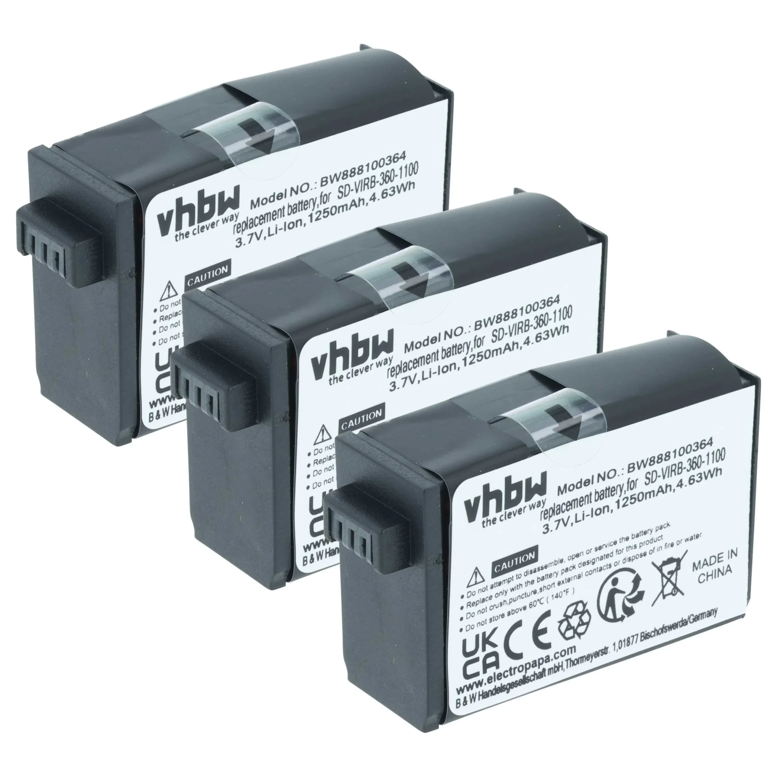 3x Batteries remplace Garmin 010-12521-40, 360-00106-00 pour caméscope Garmin- 1250mAh 3,8V Li-ion