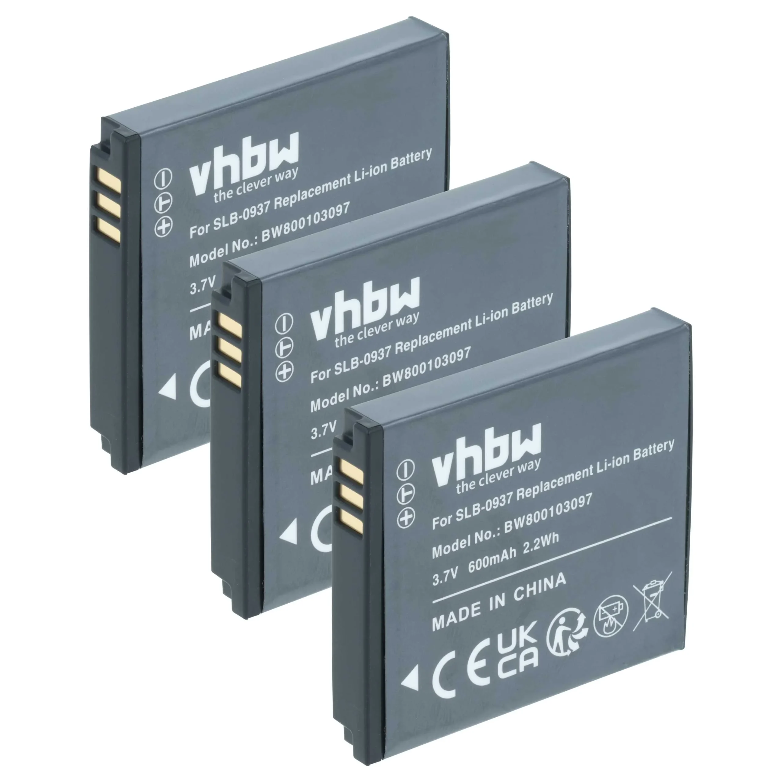 3x Batteries remplace Samsung SLB-0937 pour appareil photo Samsung- 600mAh 3,7V Li-ion