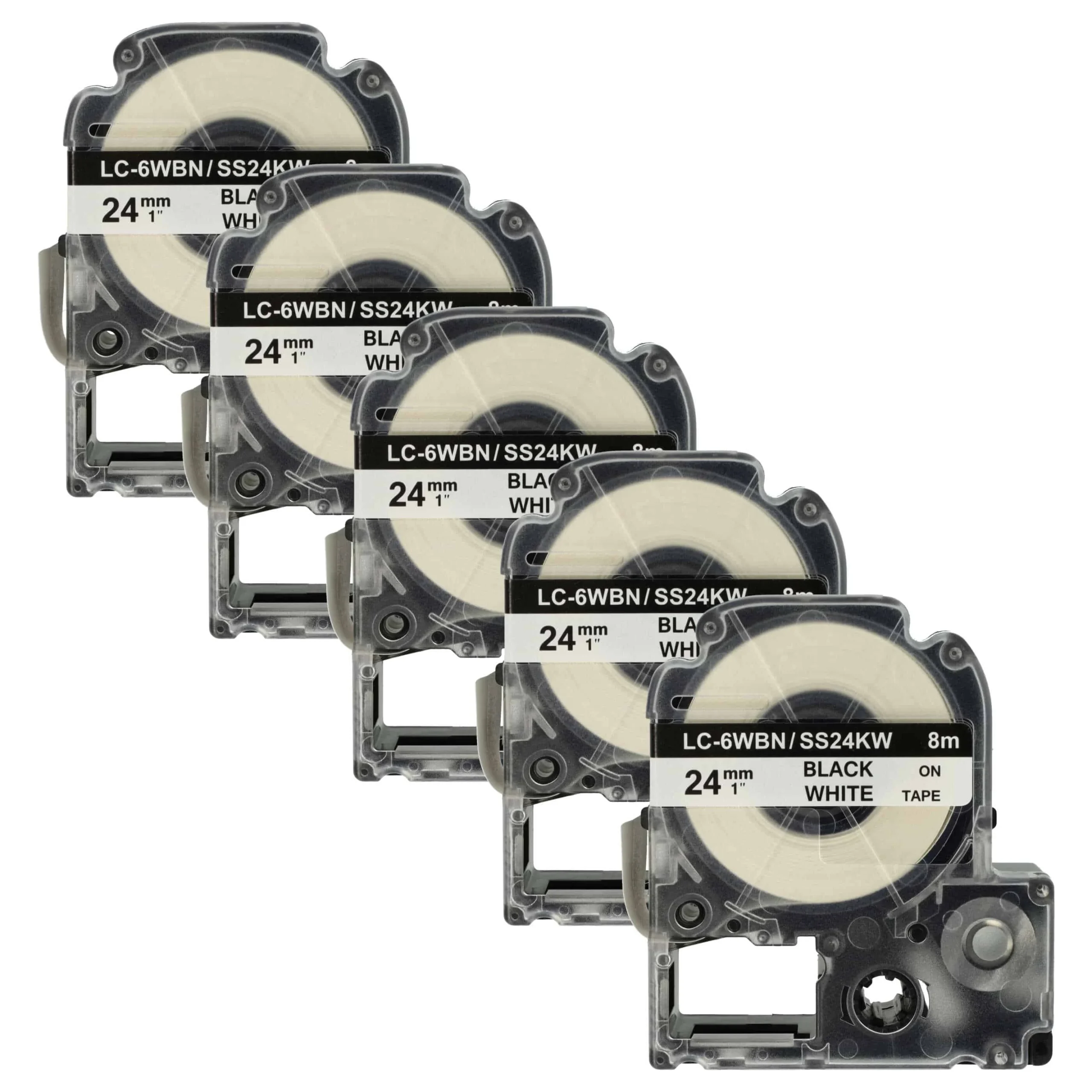 5x Cassettes à ruban remplacent Epson LC-6WBN - 24mm lettrage Noir ruban Blanc, plastique