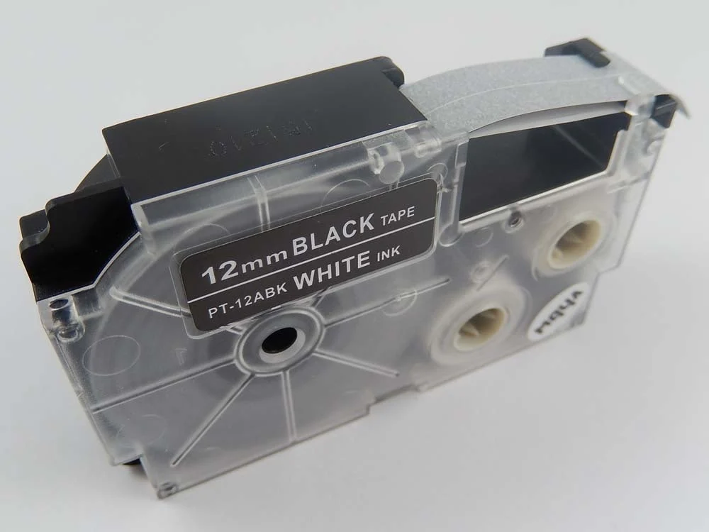 Cassette à ruban remplace Casio XR-12ABK1, XR-12ABK - 12mm lettrage Blanc ruban Noir, plastique