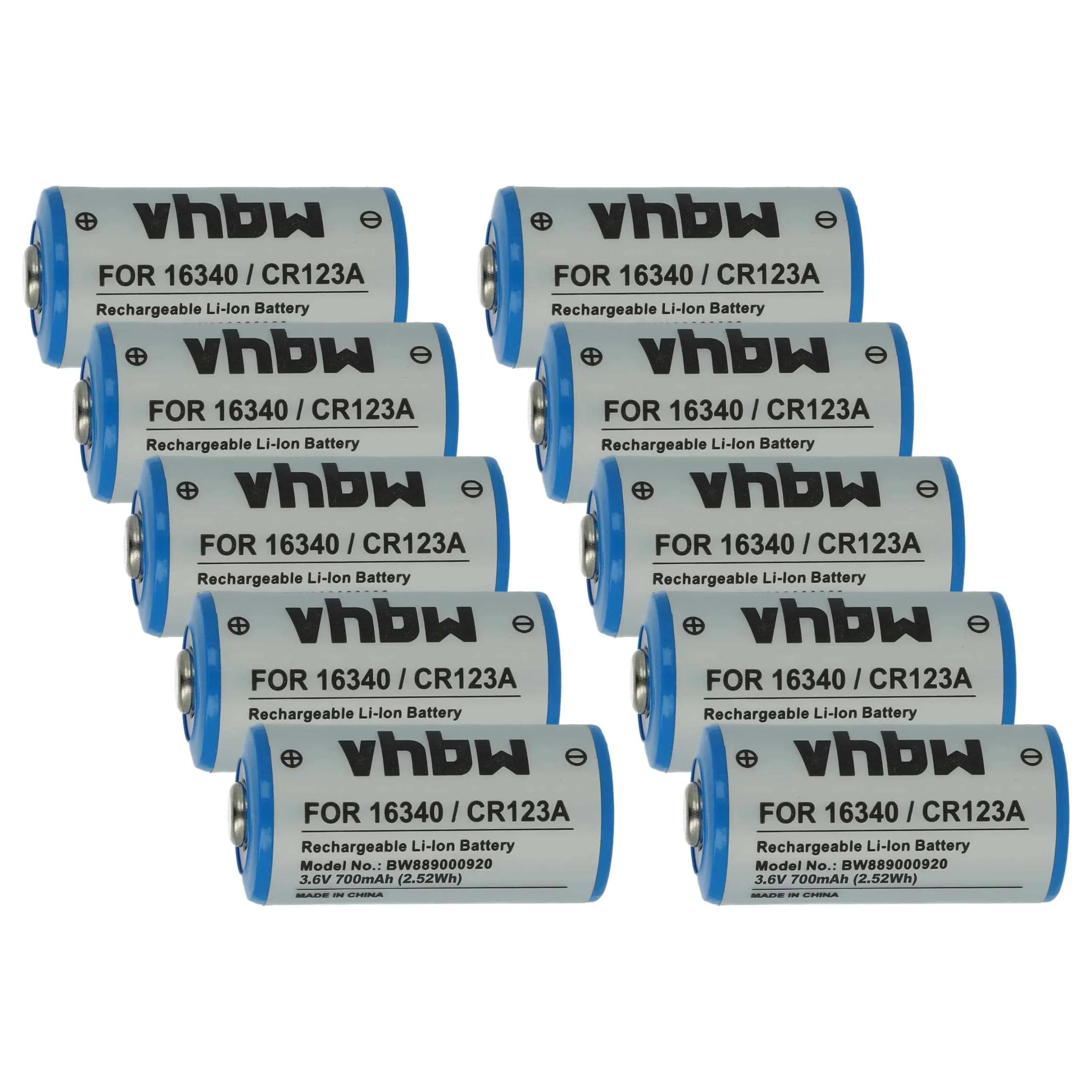Batterie (10 pcs.) remplace 16340, DL123A, CR123R, CR17335, CR17345, CR123A - 700mAh 3,6V Li-ion, 1x cellules