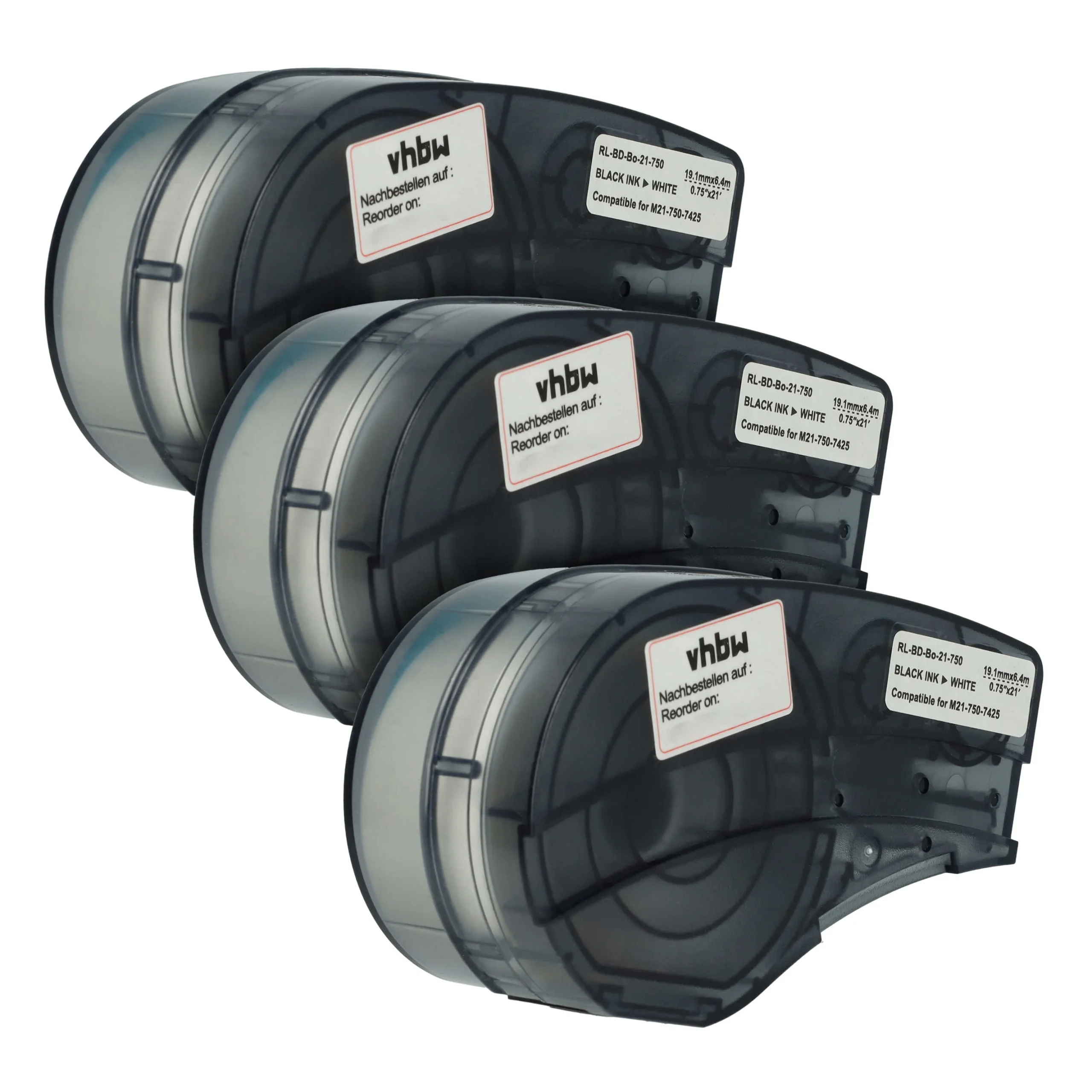 3x Cassettes à ruban remplacent Brady M21-750-7425 - 19,05mm lettrage Noir ruban Blanc, polypropylène