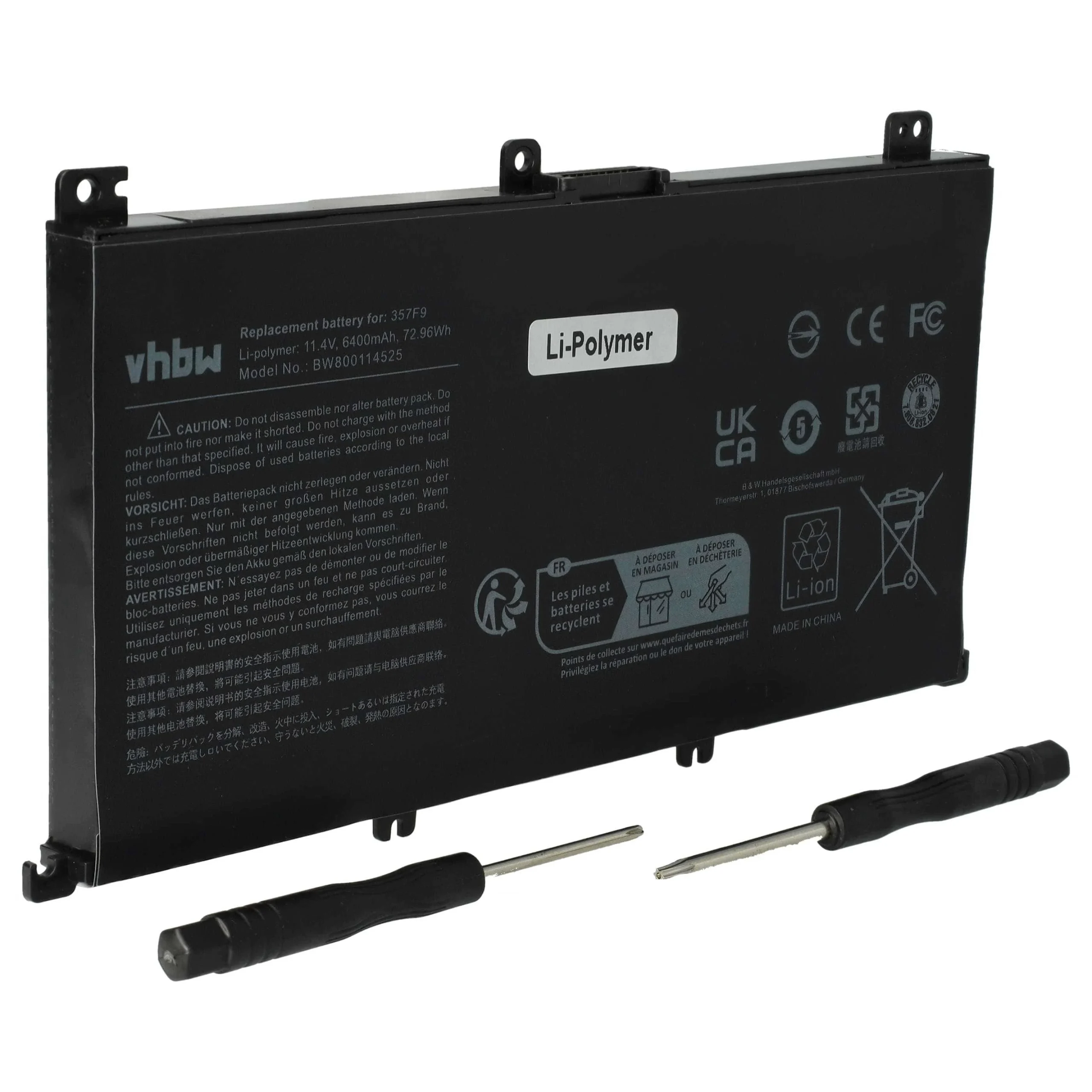 Batterie remplace Dell 00GFJ6, 071JF4, 357F9 pour ordinateur portable Dell- 6400mAh 11,4V Li-polymère, noir