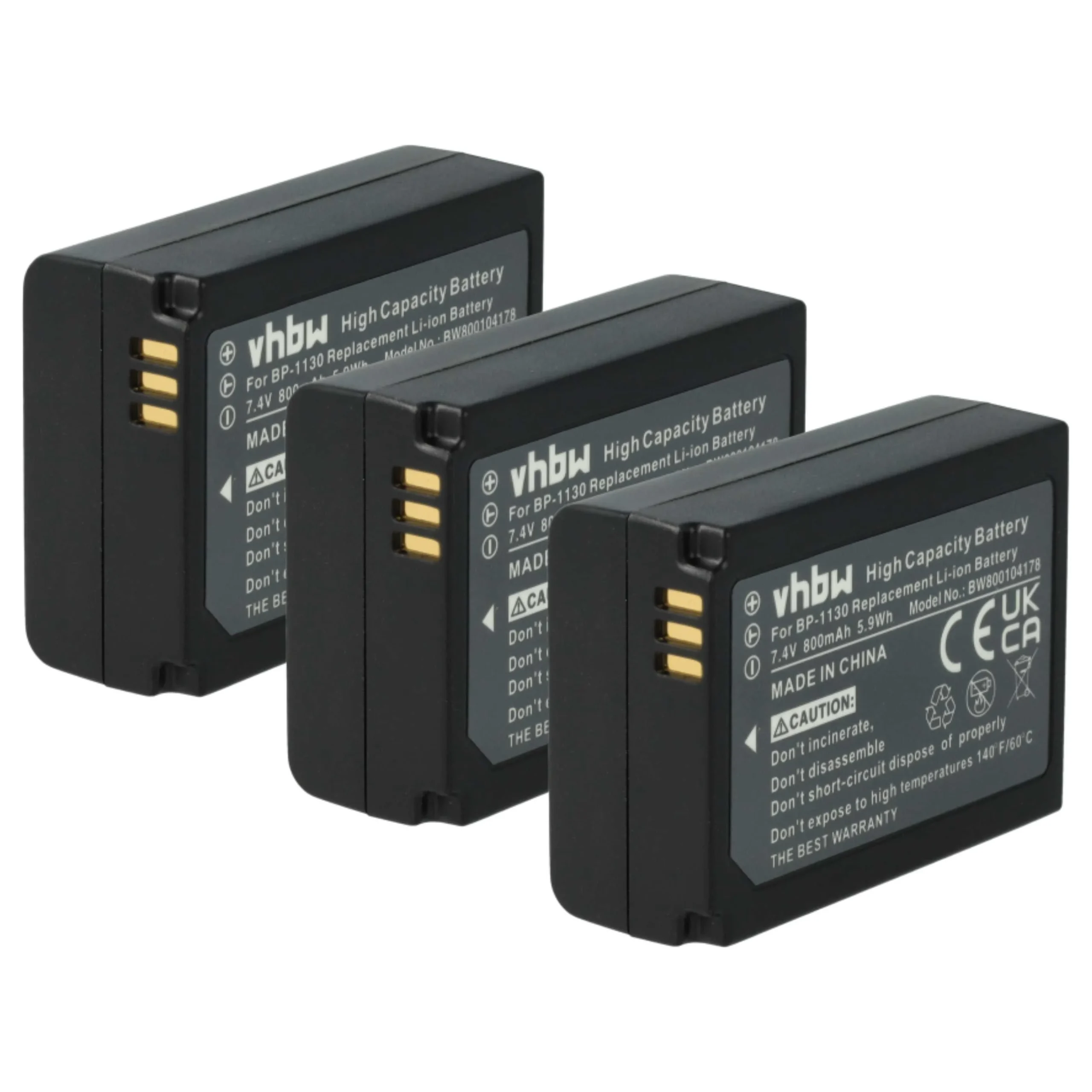 3x Batteries remplace Samsung BP-1130, BP1130, ED-BP1130 pour appareil photo Samsung- 800mAh 7,4V Li-ion