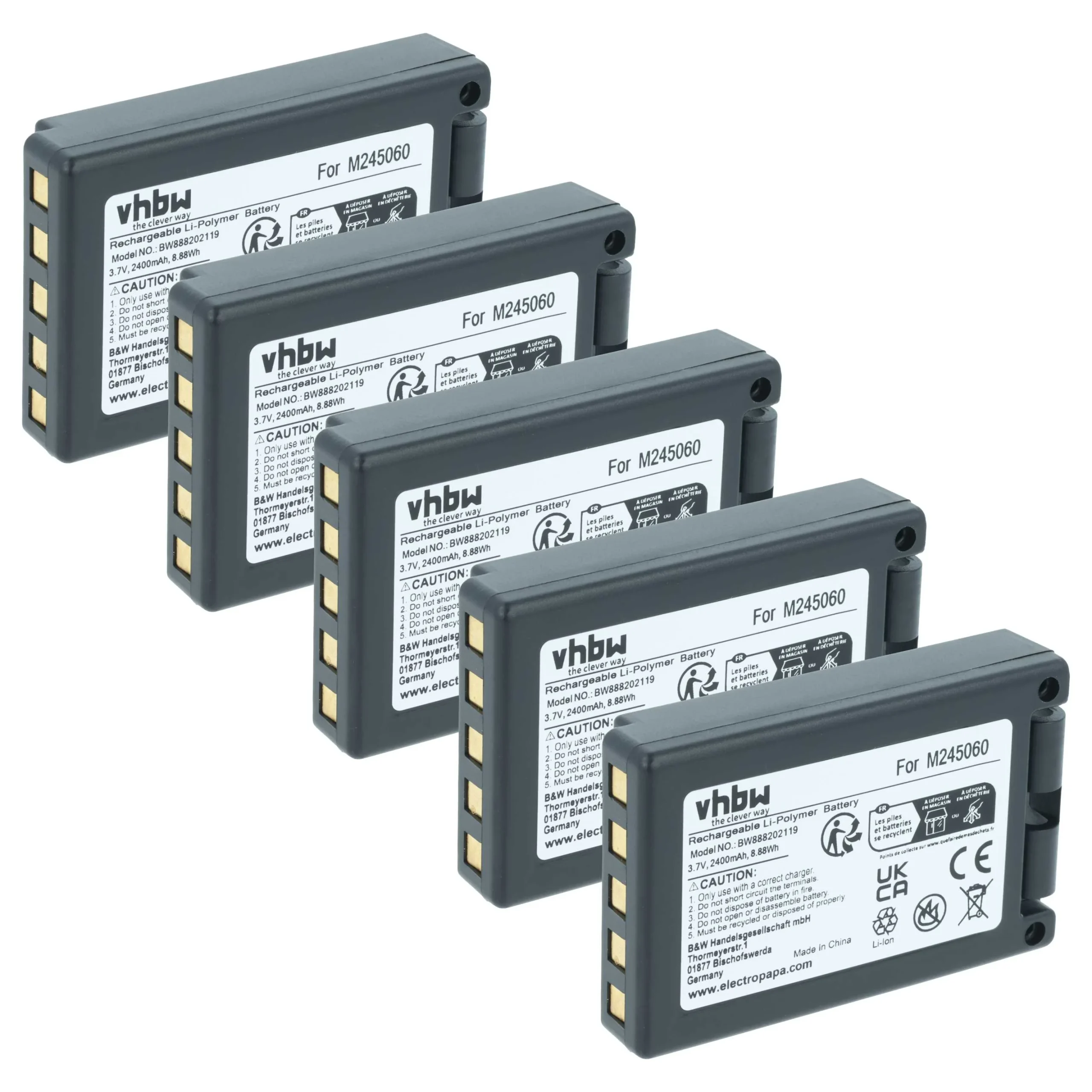Batterie (5 pièces) remplace Teleradio M245060, 22.381.2, D00004-02 - 2400mAh 3,7V Li-ion