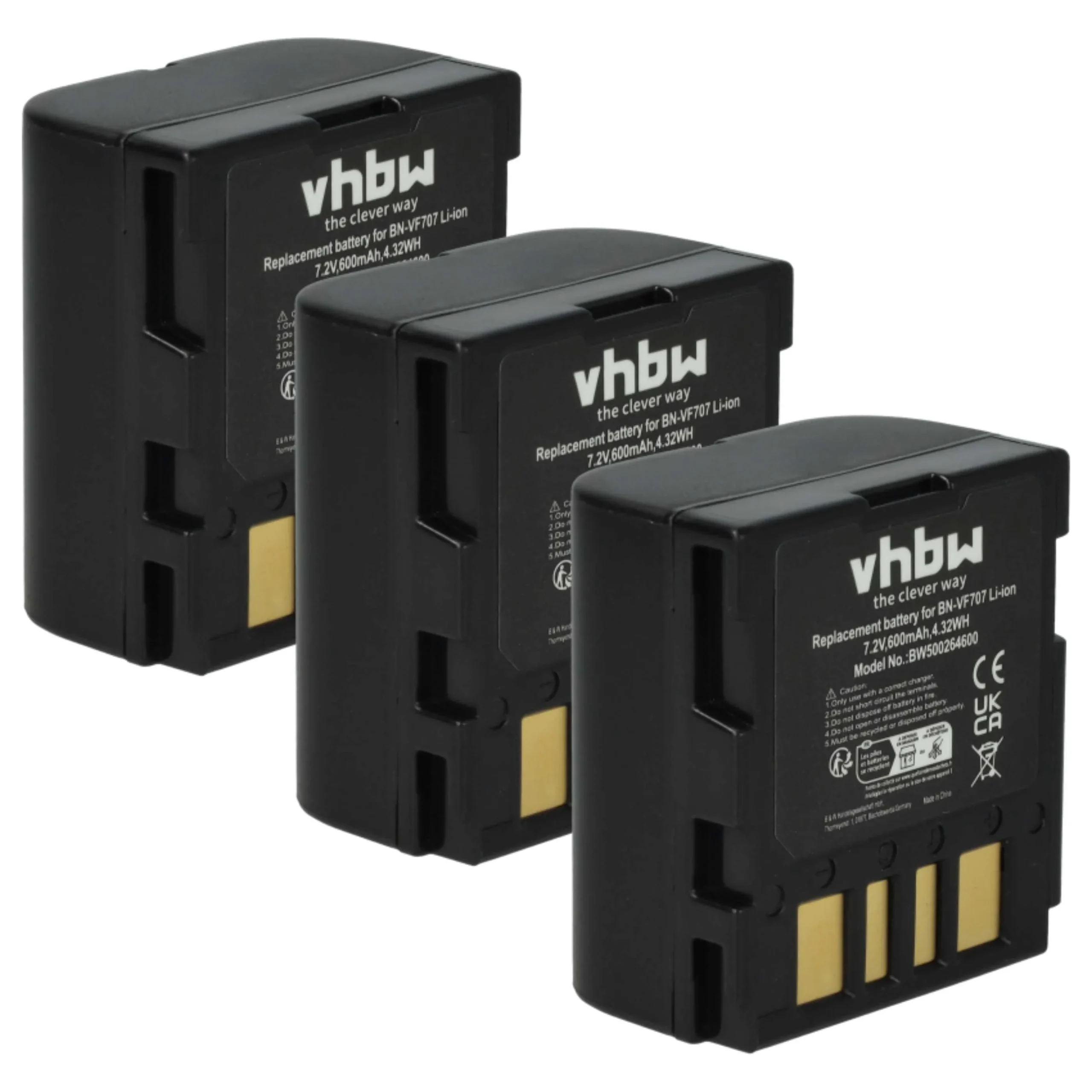 3x Batteries remplace JVC BN-VF714, BN-VF707, BN-VF707U, BN-VF714U pour caméscope JVC- 600mAh 7,2V Li-ion