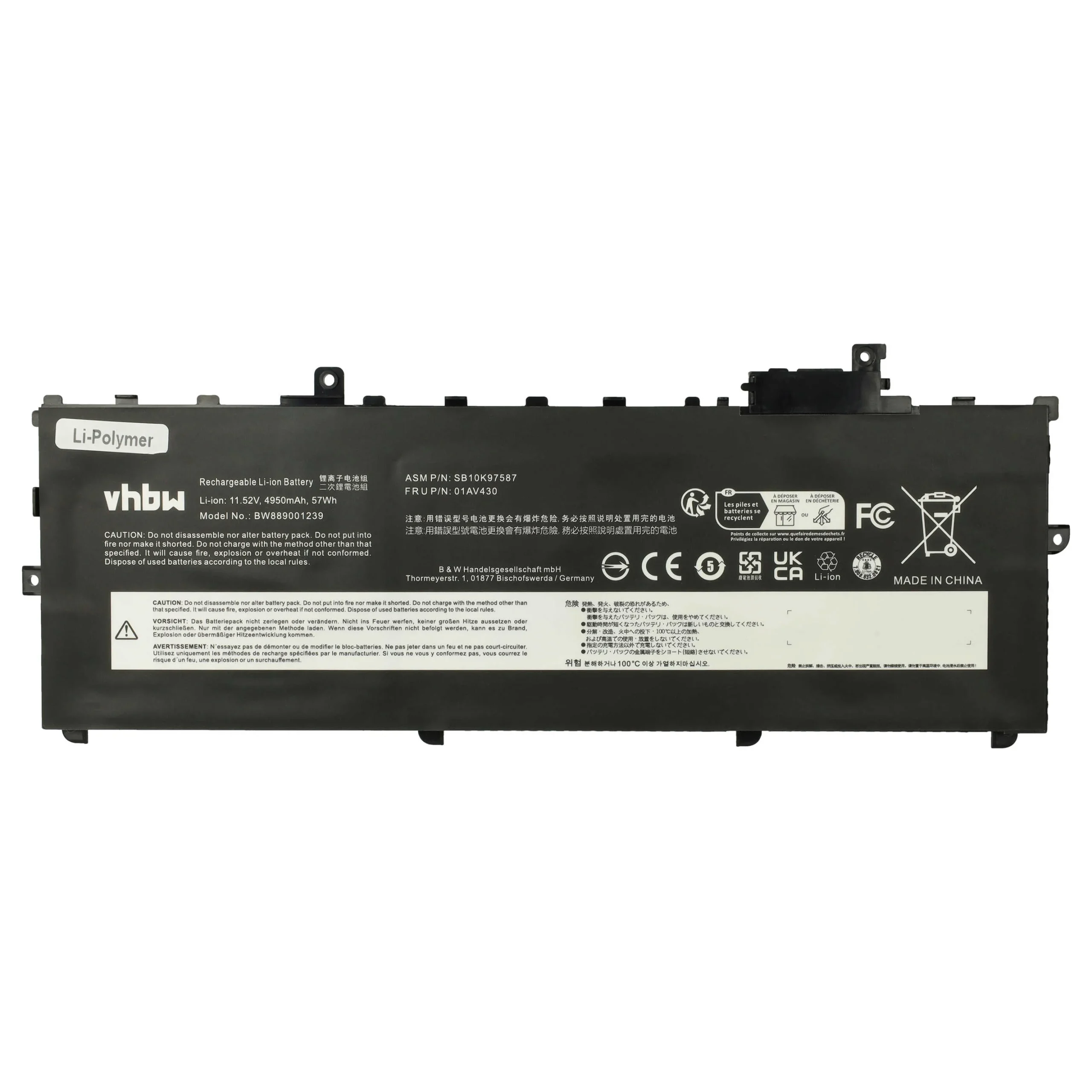 Batterie remplace Lenovo 01AV431, 01AV430, 01AV429 pour ordinateur portable Lenovo- 4950mAh 11,52V Li-polymère