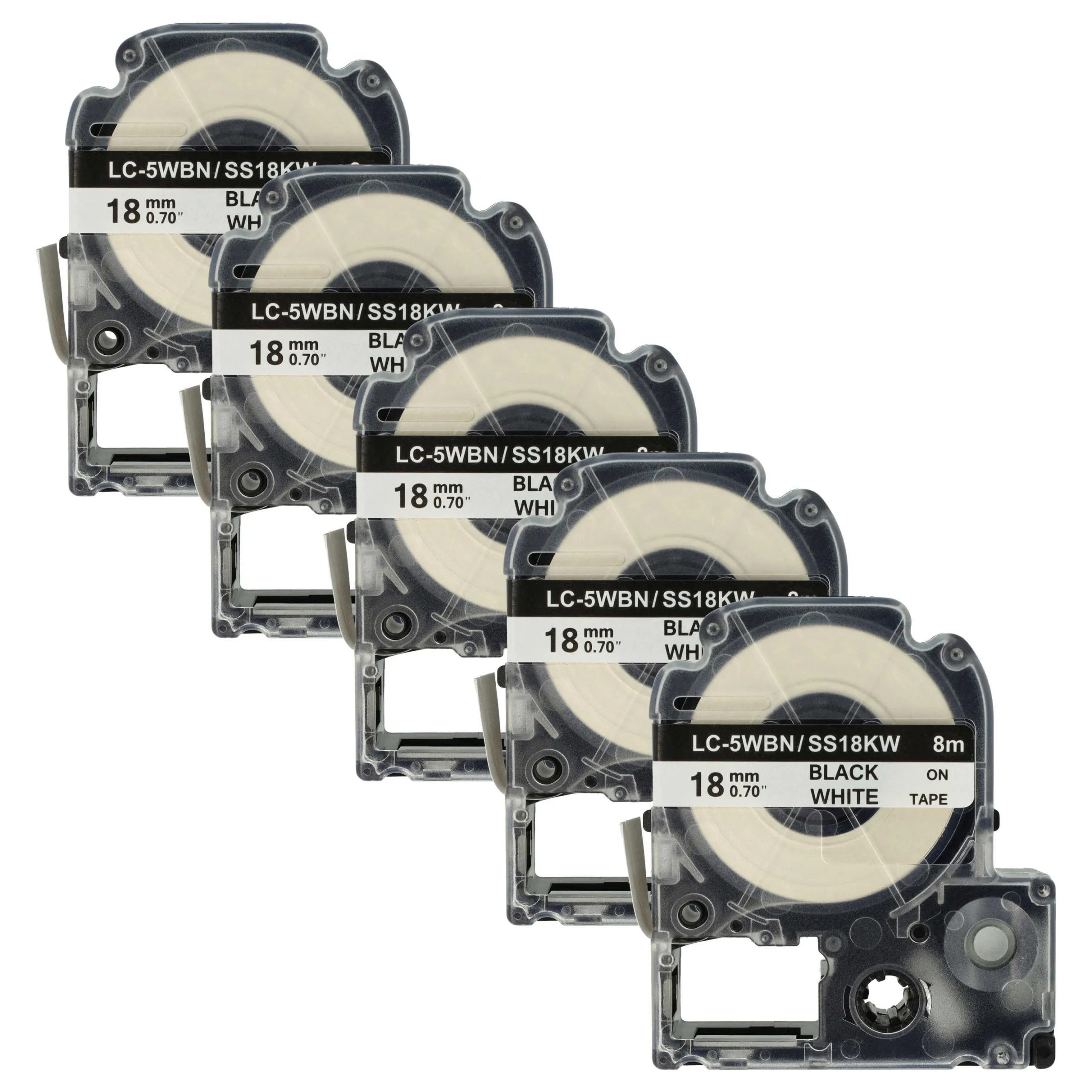 5x Cassettes à ruban remplacent Epson SS18KW, LC-5WBN - 18mm lettrage Noir ruban Blanc, plastique
