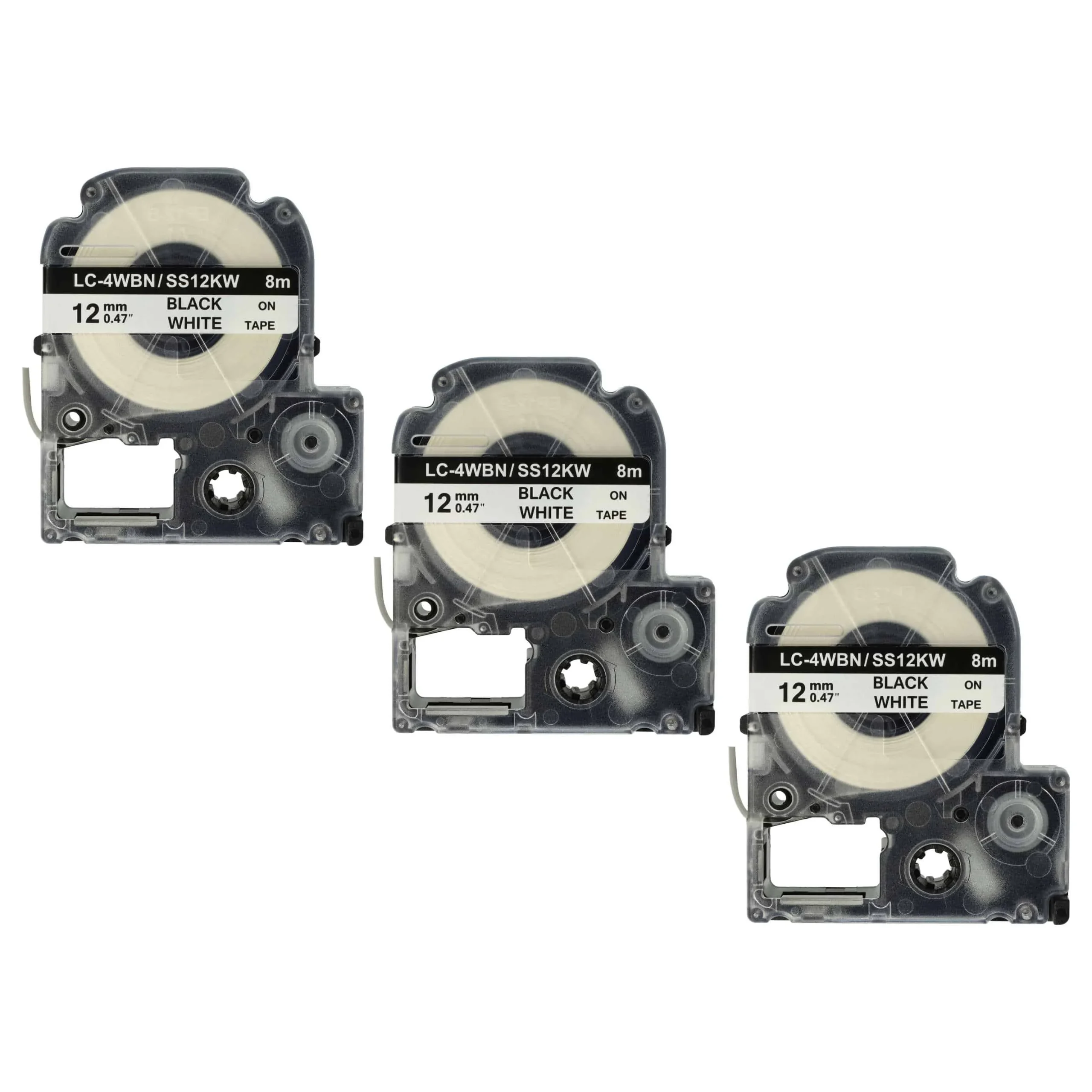 3x Cassettes à ruban remplacent Epson SS12KW, LC-4WBN - 12mm lettrage Noir ruban Blanc, plastique