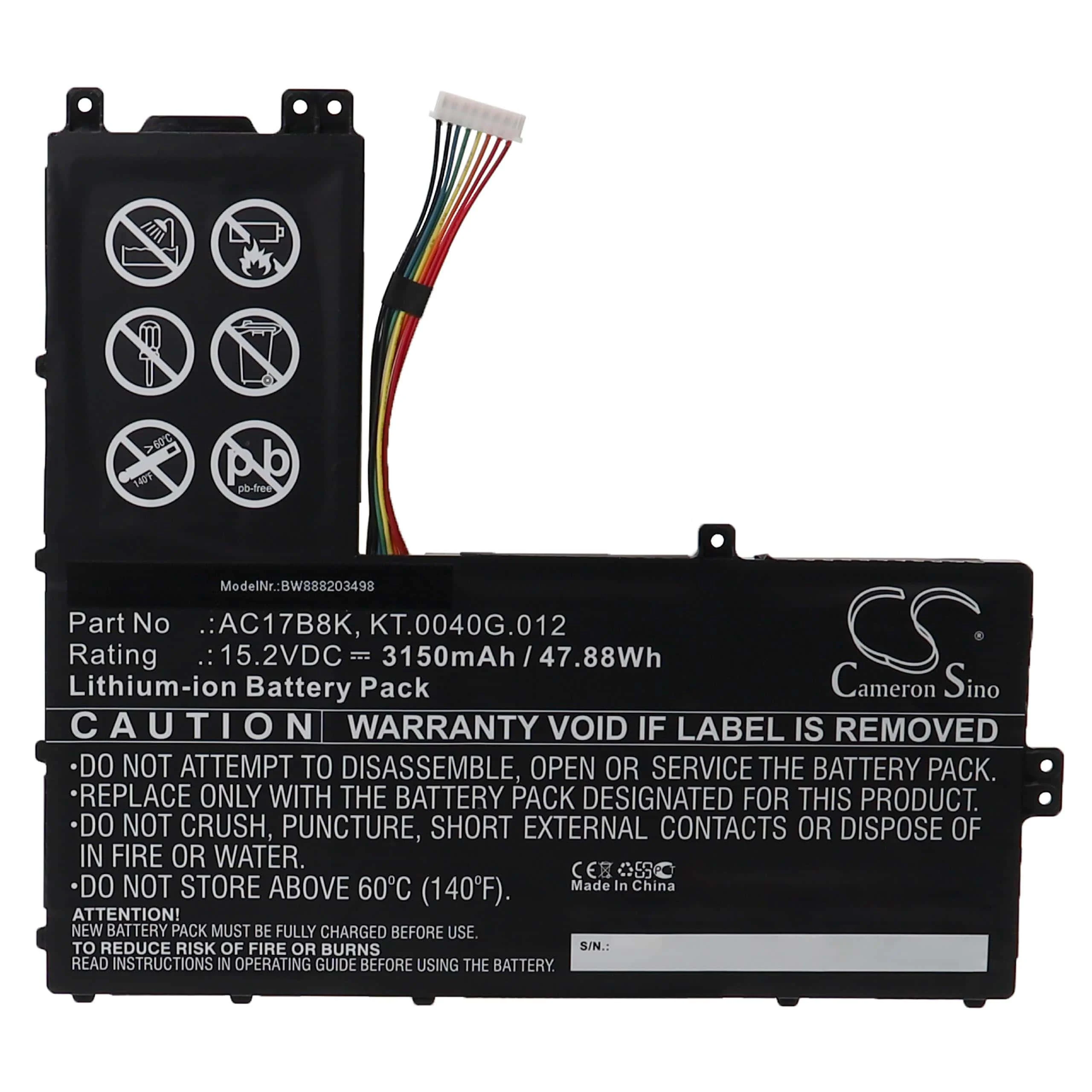 Batterie remplace Acer AC17B8K, KT.0040G.012, 4ICP5/57/81 pour ordinateur portable Acer- 3150mAh 15,2V Li-ion
