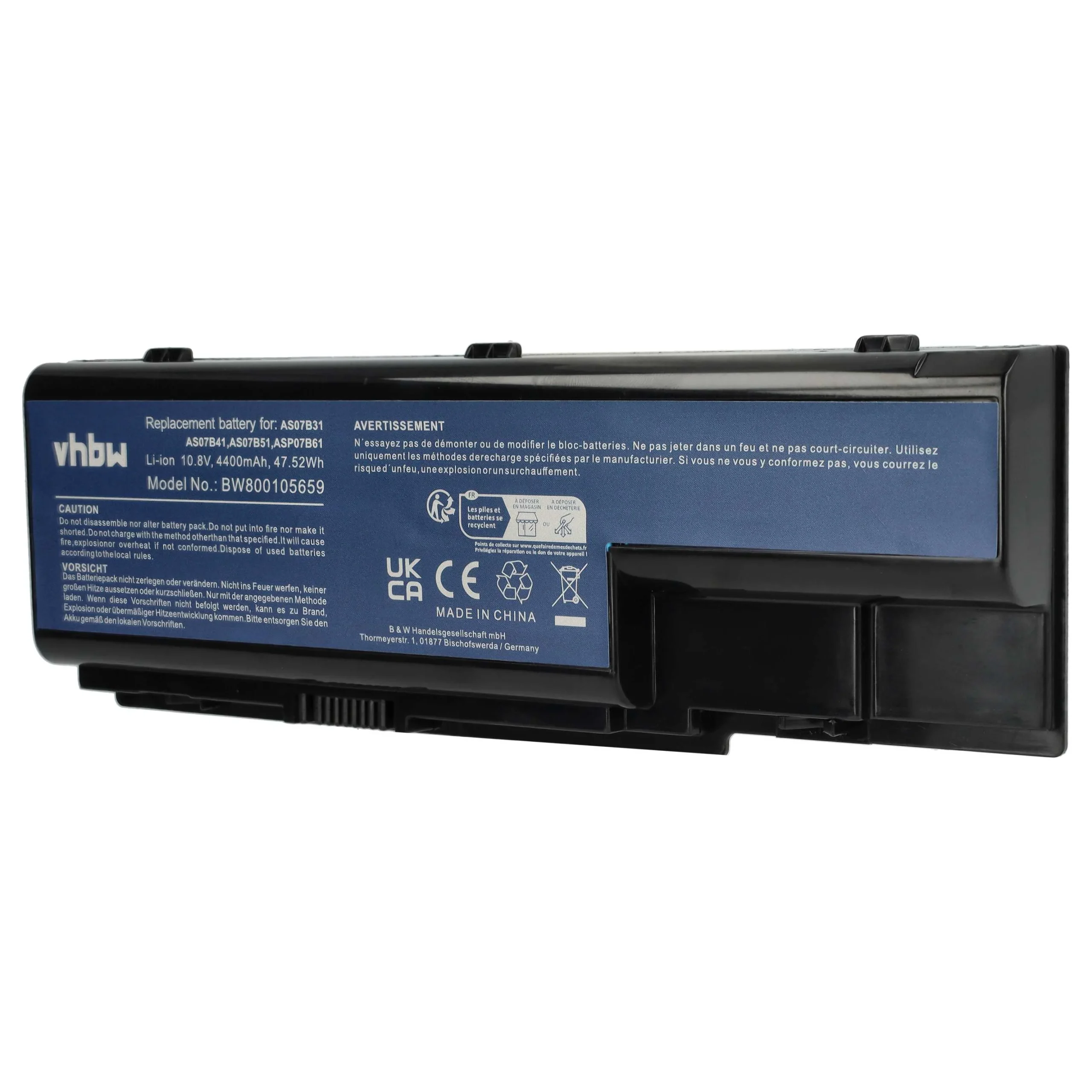 Batterie remplace Acer 1010872903 pour ordinateur portable Acer- 4400mAh 10,8V Li-ion, noir