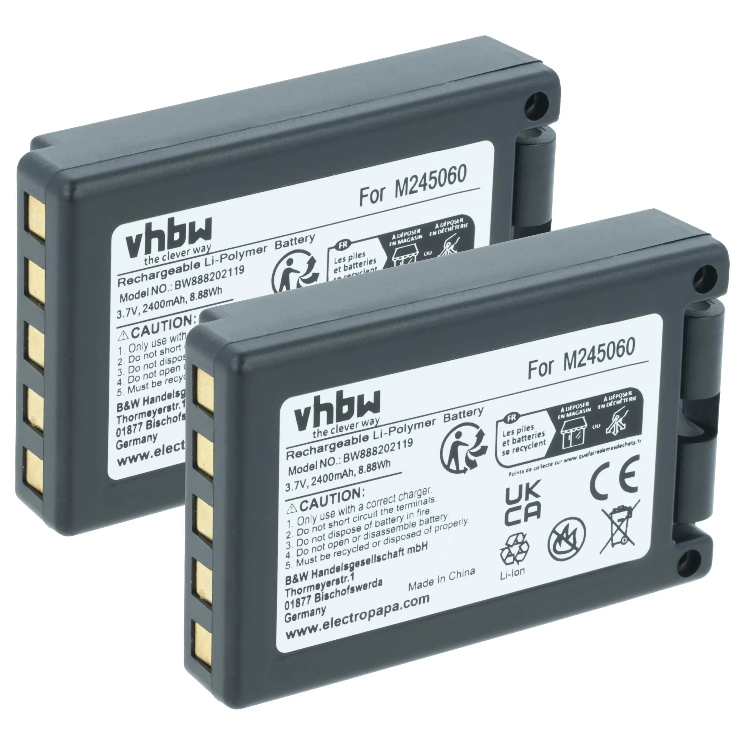 Batterie (2 pièces) remplace Teleradio M245060, 22.381.2, D00004-02 - 2400mAh 3,7V Li-ion