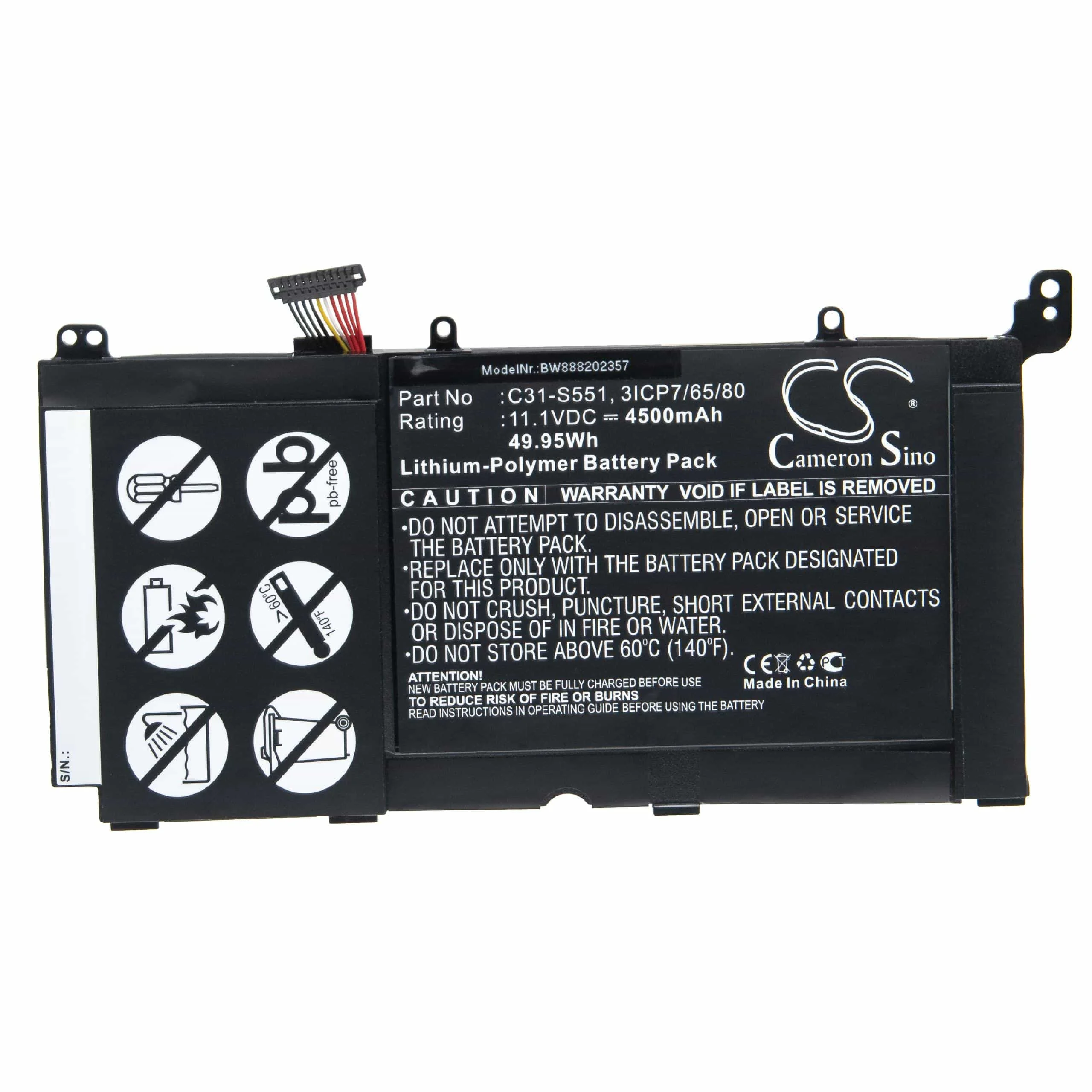 Batterie remplace Asus C31-S551, 3ICP7/65/80 pour ordinateur portable Asus- 4500mAh 11,1V Li-polymère