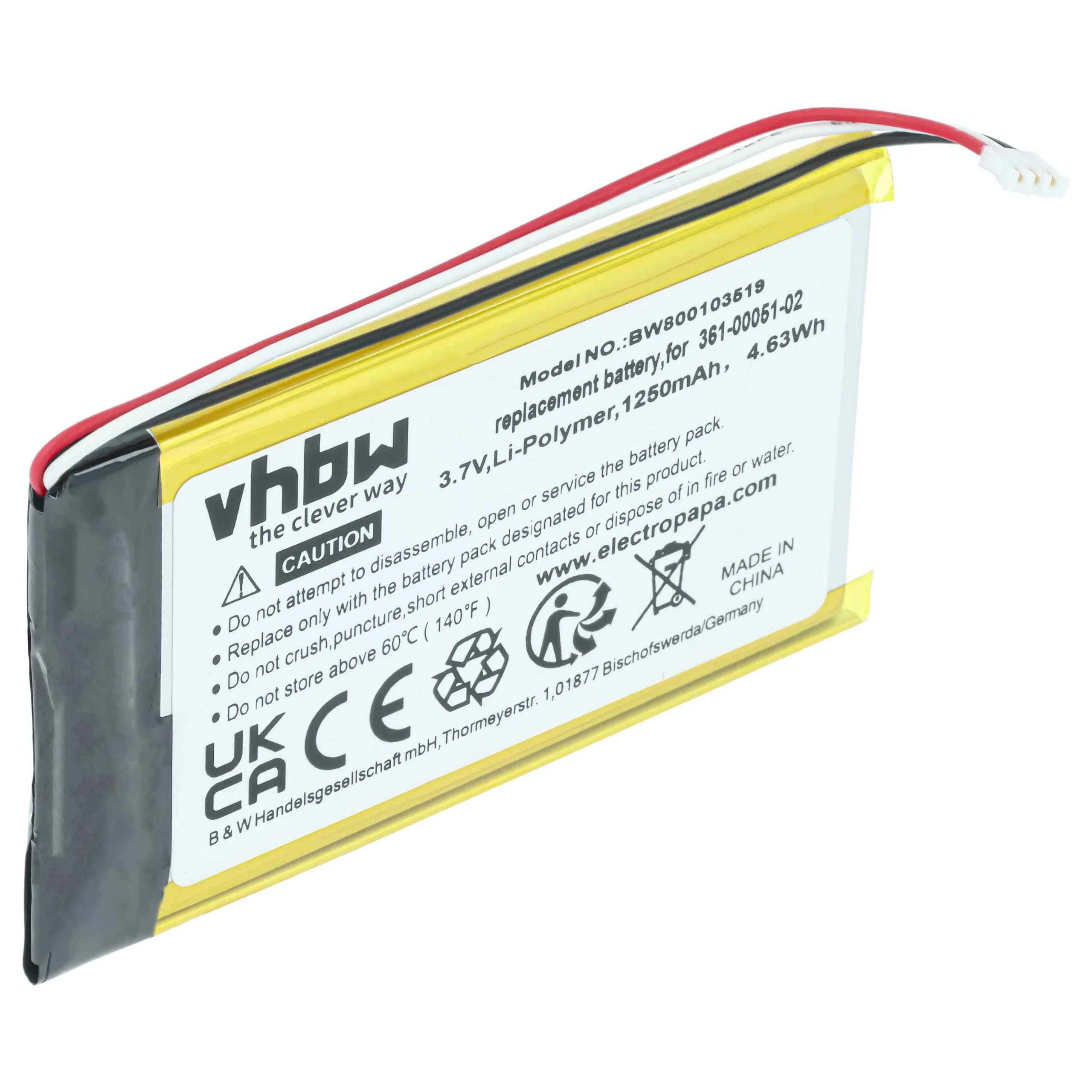 Batterie remplace Garmin 361-00051-01, 361-00051-00 pour navigation GPS Garmin - 1250mAh 3,7V Li-polymère