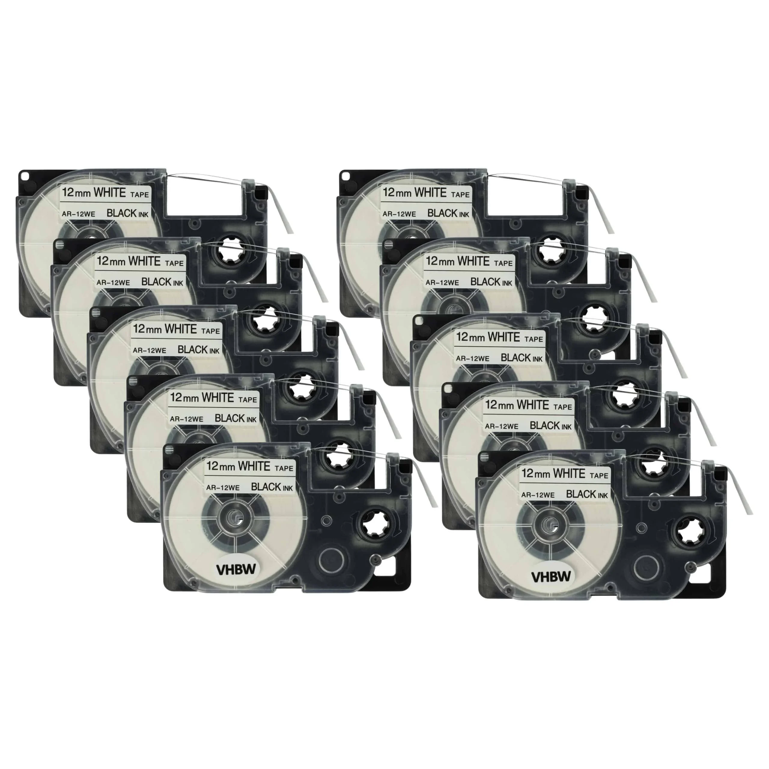 10x Cassettes à ruban remplacent Casio XR-12WE, XR-12WE1 - 12mm lettrage Noir ruban Blanc, plastique