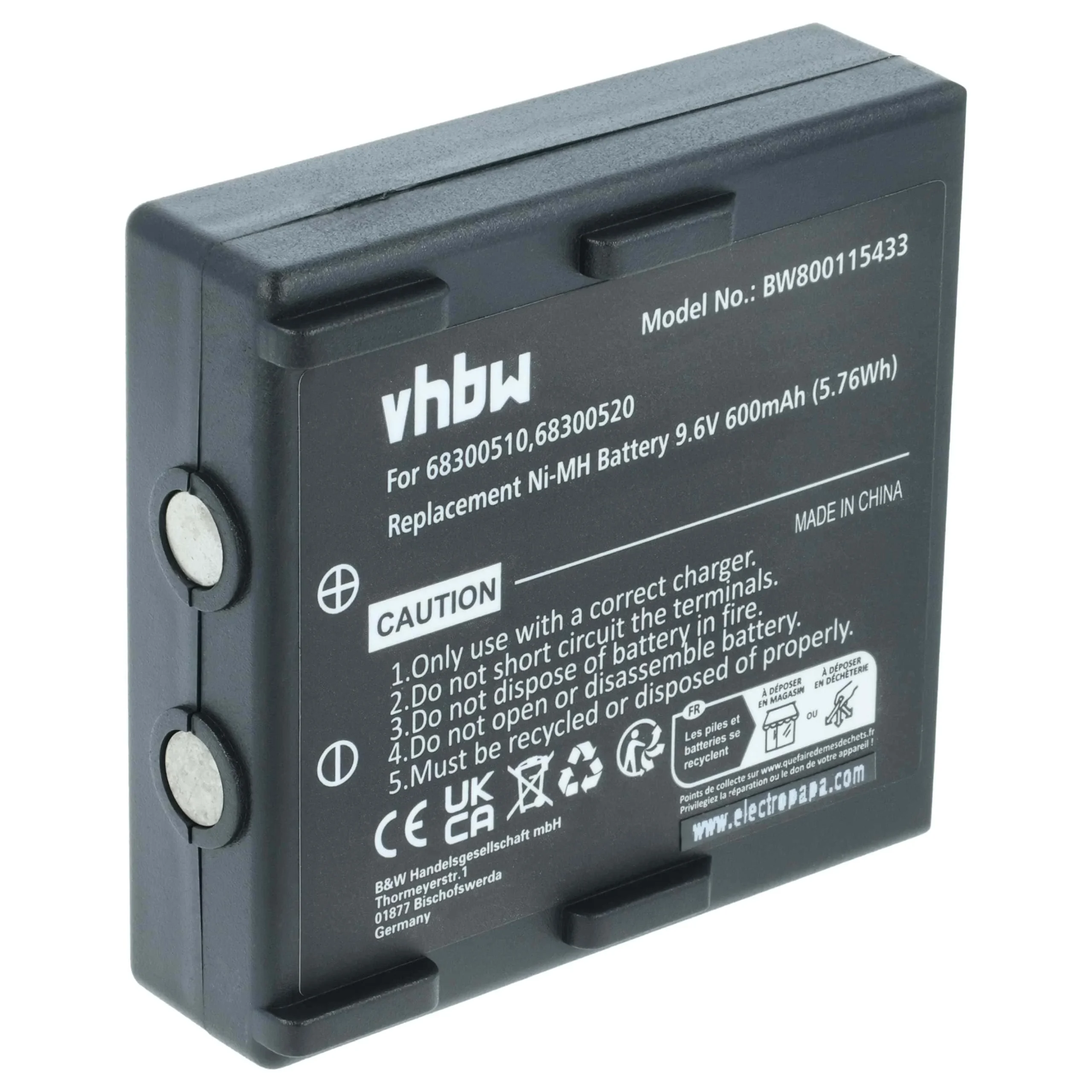 Batterie remplace Abitron 68300510, 68300520, 68300525, 68300530, HE520, HT-02 - 600mAh 9,6V NiMH
