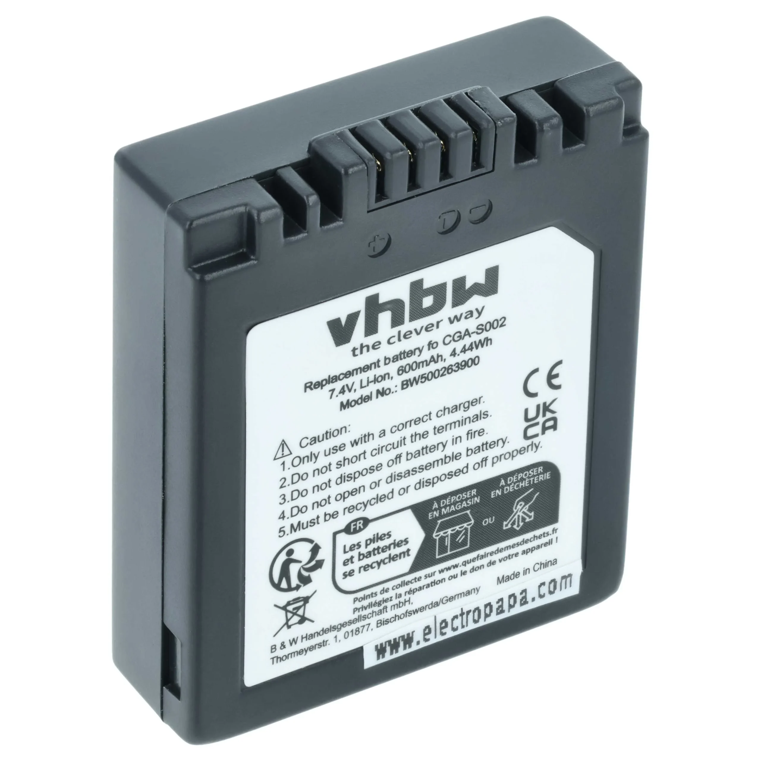 Batterie remplace Panasonic CGA-S002A/1B, CGA-S002E/1B pour appareil photo Panasonic- 550mAh 7,2V Li-ion