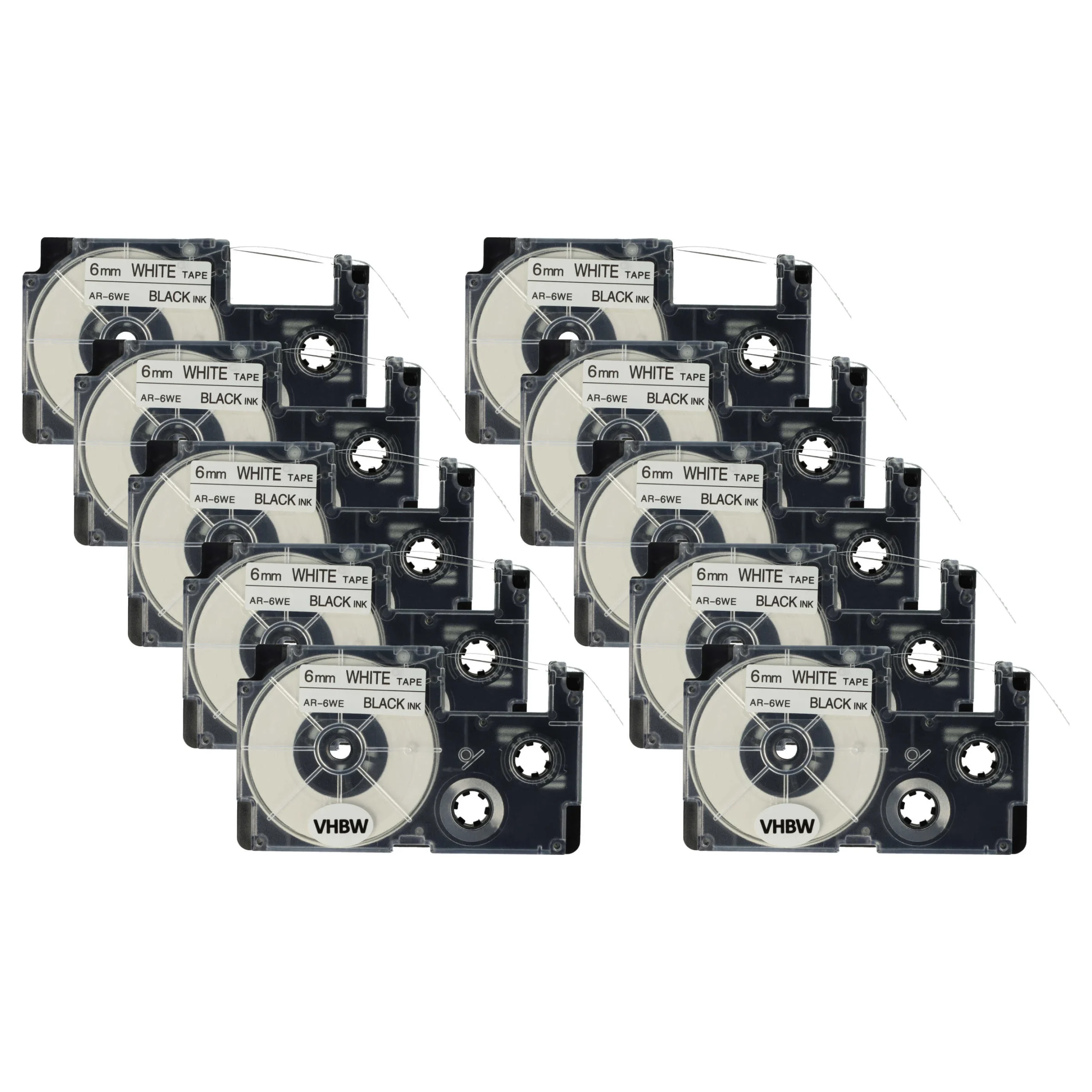 10x Cassettes à ruban remplacent Casio XR-6WE1, XR-6WE - 6mm lettrage Noir ruban Blanc, plastique