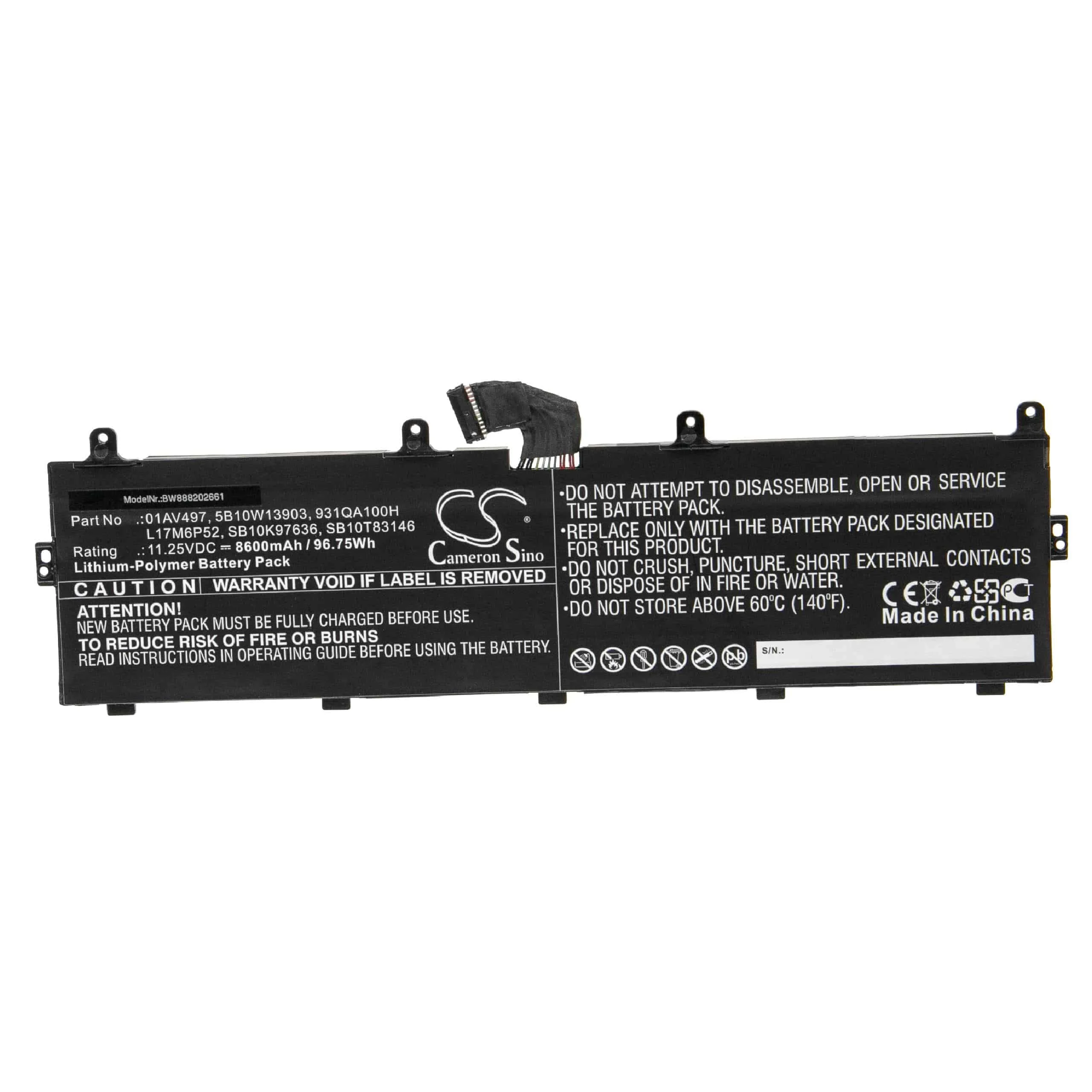 Batterie remplace Lenovo 01AV497, 01AV498 pour ordinateur portable Lenovo- 8600mAh 11,25V Li-polymère