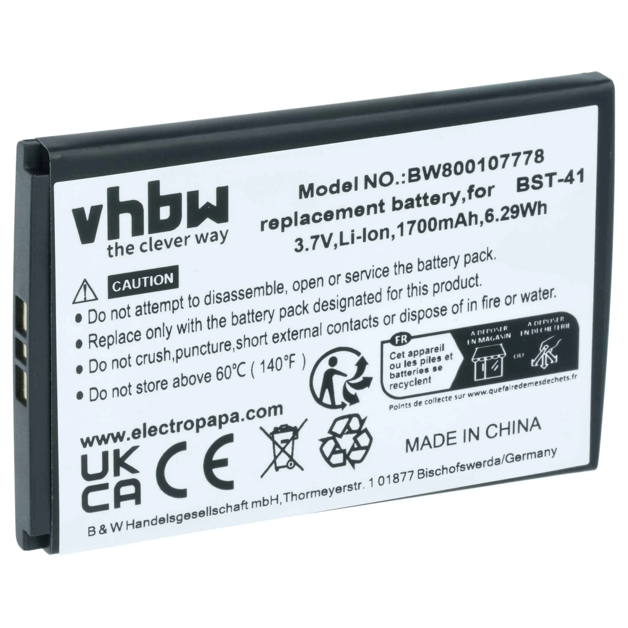 Batterie remplace Sony BST-41 téléphone portable Sony-Ericsson - 1700mAh 3,7V Li-ion