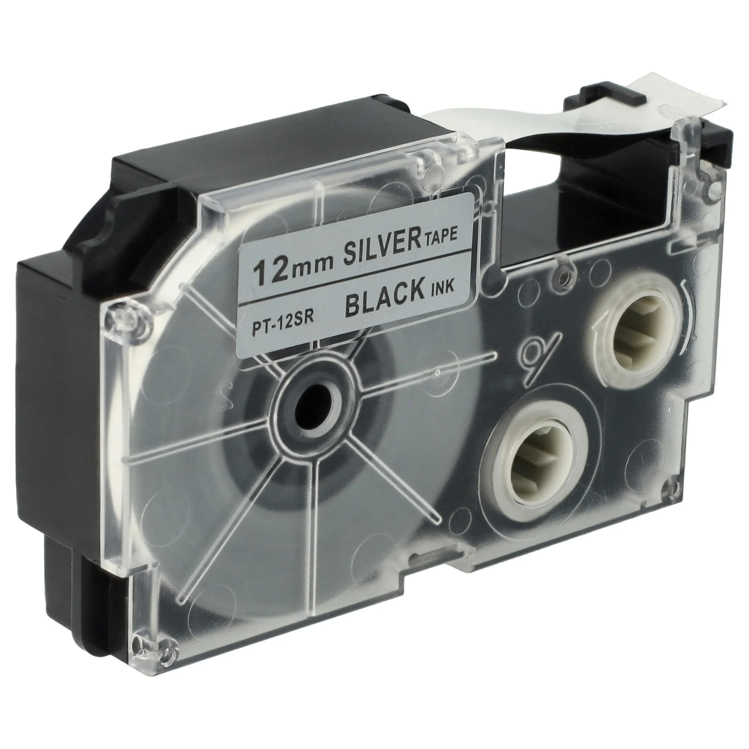 Cassette à ruban remplace Casio XR-12SR, XR-12SR1 - 12mm lettrage Noir ruban Argent, plastique