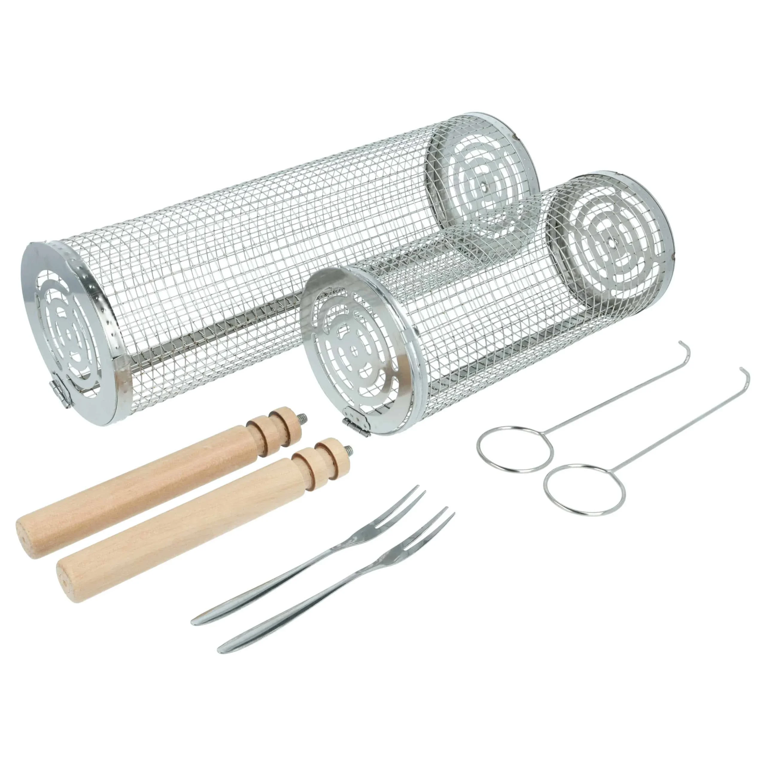 2x Paniers tournants pour grill - grand et petit, avec poignée en bois, acier inox / bois