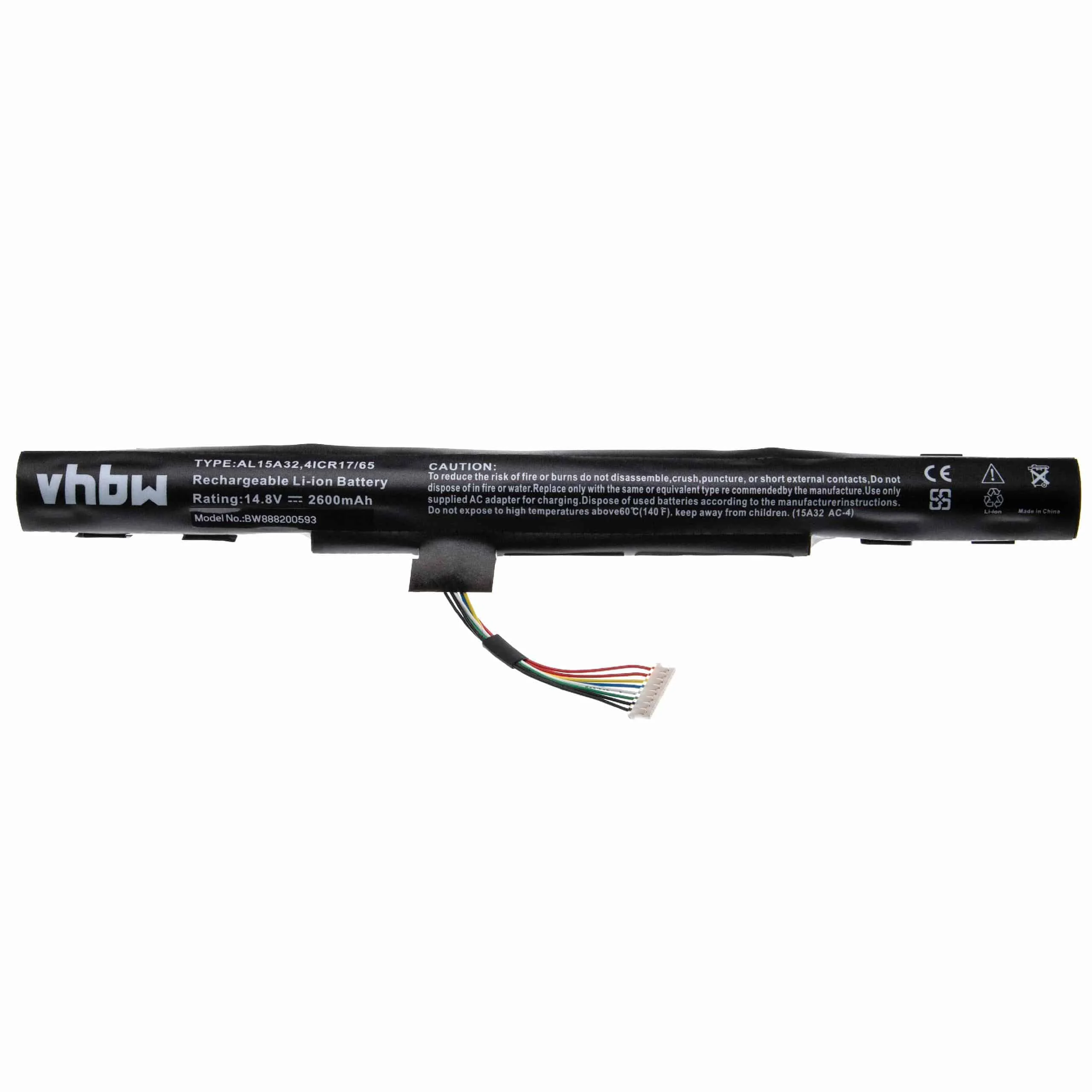 Batterie remplace Acer AL15A32 (4ICR17/65), AL15A32 pour ordinateur portable Acer- 2600mAh 14,8V Li-ion, noir